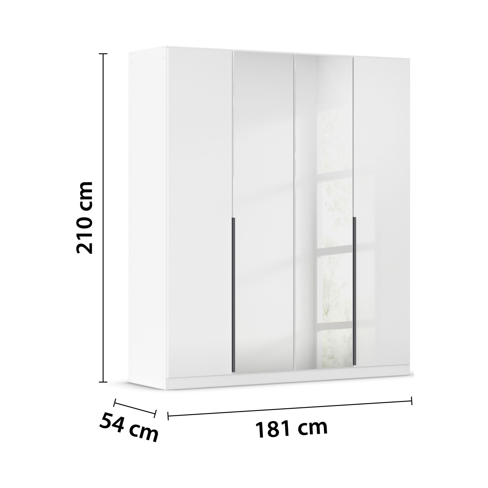 Drehtürenschrank in Weiß Hochglanz mit vier Türen und Spiegeltür inklusive Maßangaben 181 cm Breite, 210 cm Höhe und 54 cm Tiefe