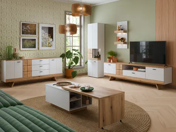 Stilvoll eingerichtetes Wohnzimmer mit Wohnwand in Weiß und Eicheoptik bestehend aus TV-Lowboard, Vitrine, Sideboard, Wandregal und Couchtisch im skandinavischen Design