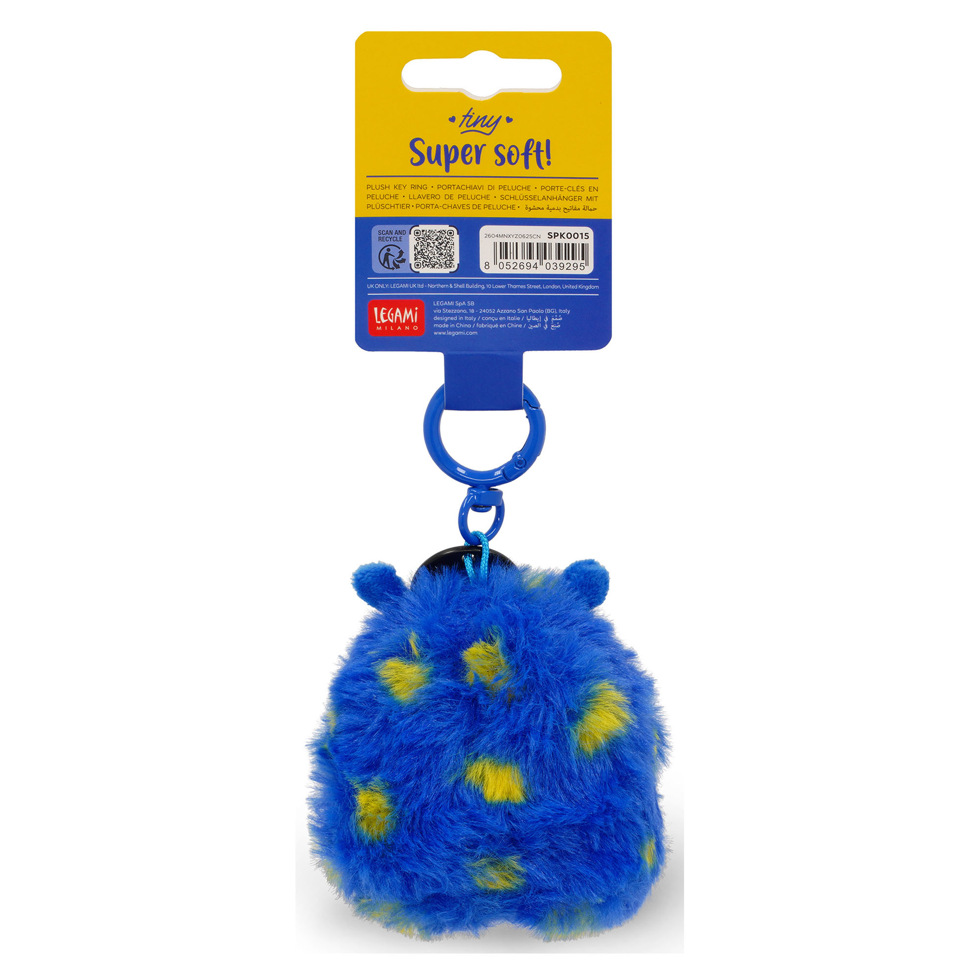 Blauer Monster-Plüsch-Schlüsselanhänger, von hinten an der Kartonaufhängung gezeigt.