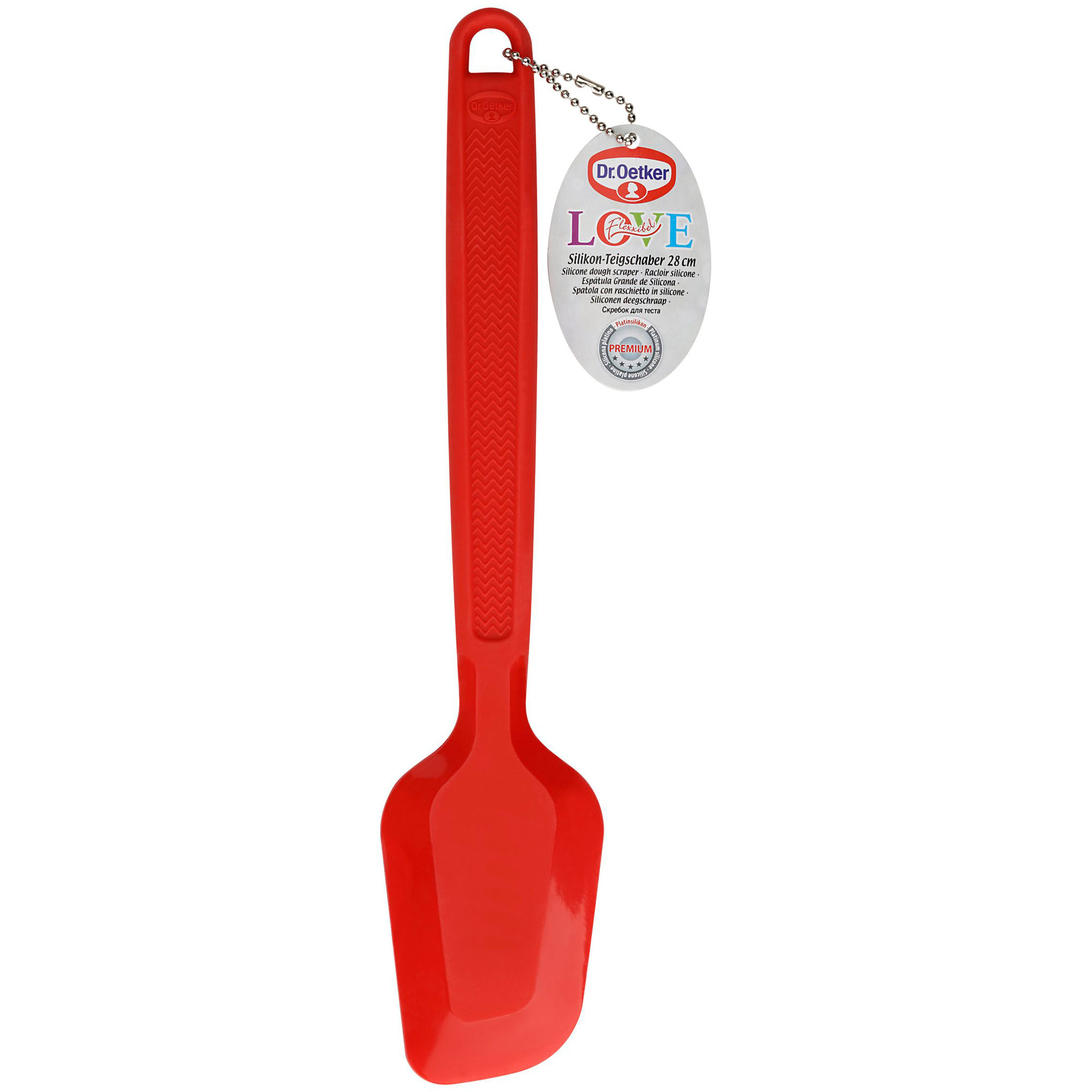 Roter Silikon Teigschaber mit Produktanhänger und Größenangabe 28 cm