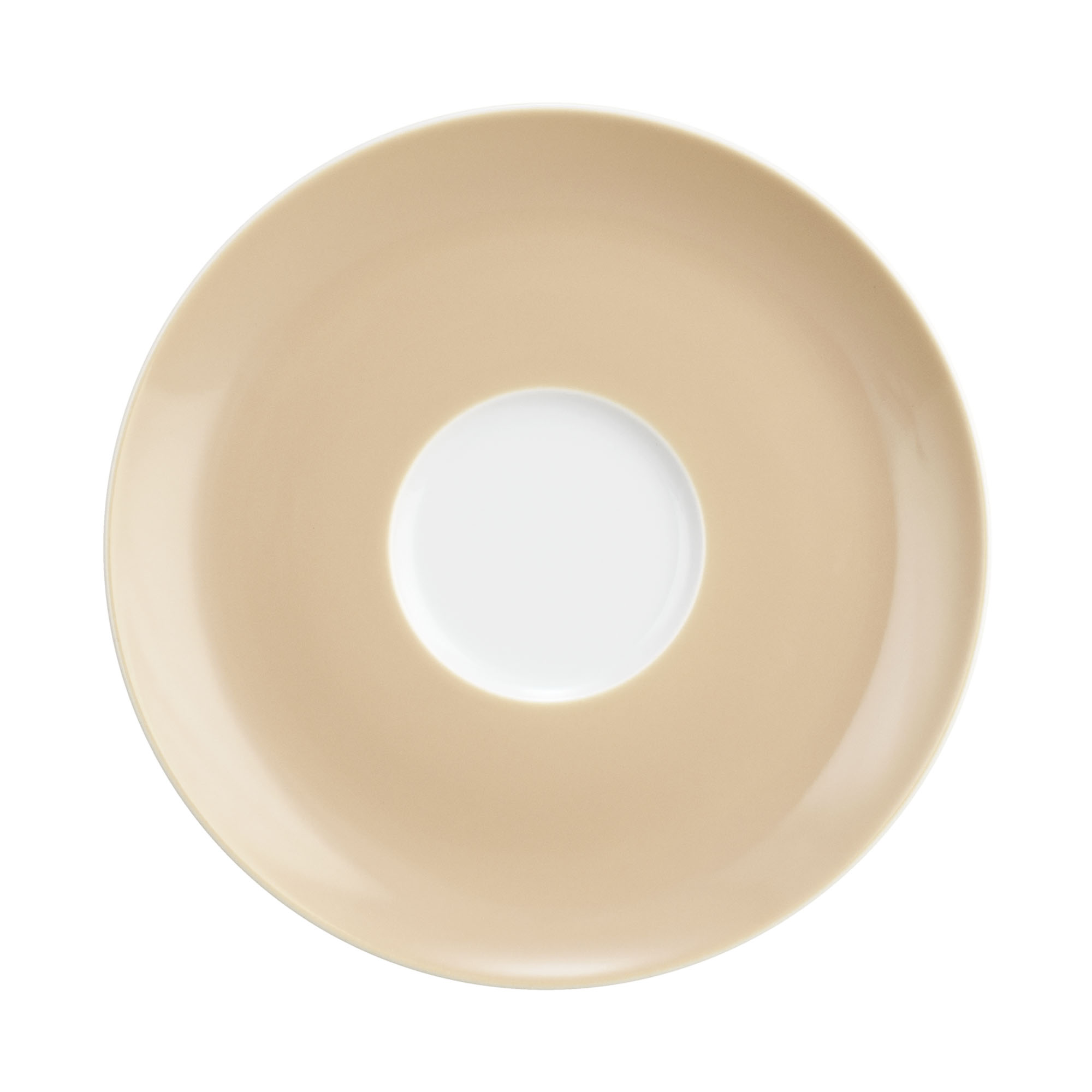 Untertasse in Beige und Weiß. Darstellung: Draufsicht. Merkmale: runder beiger Rand mit weißer Tassenfläche.