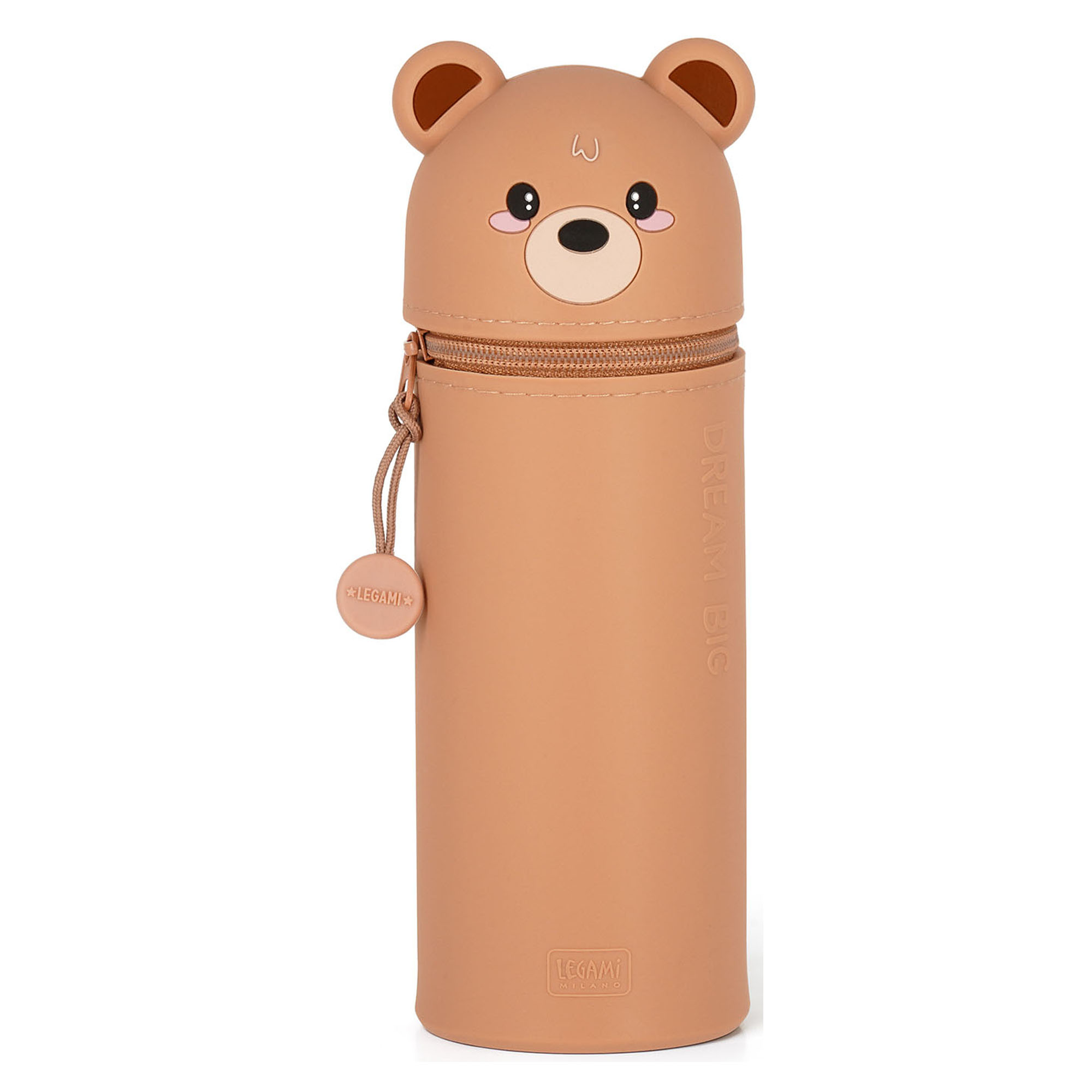 Braunes 2-in-1-Silikon-Federmäppchen im Teddybär-Design, geschlossen und aufrecht als Tierfigur dargestellt.