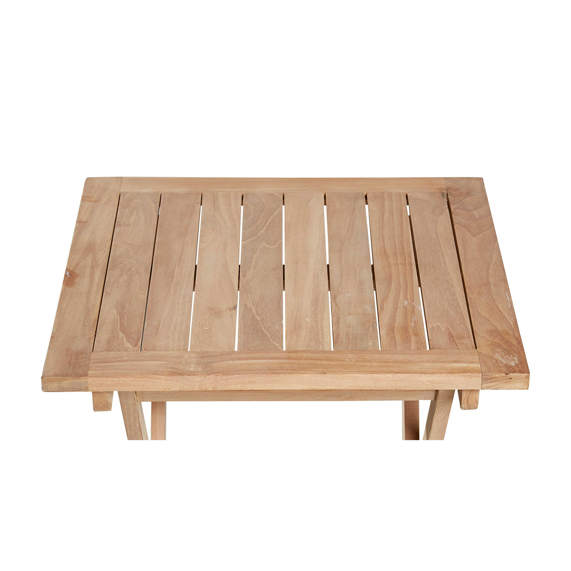 Draufsicht auf die Tischplatte eines Holztischs mit Lattenstruktur