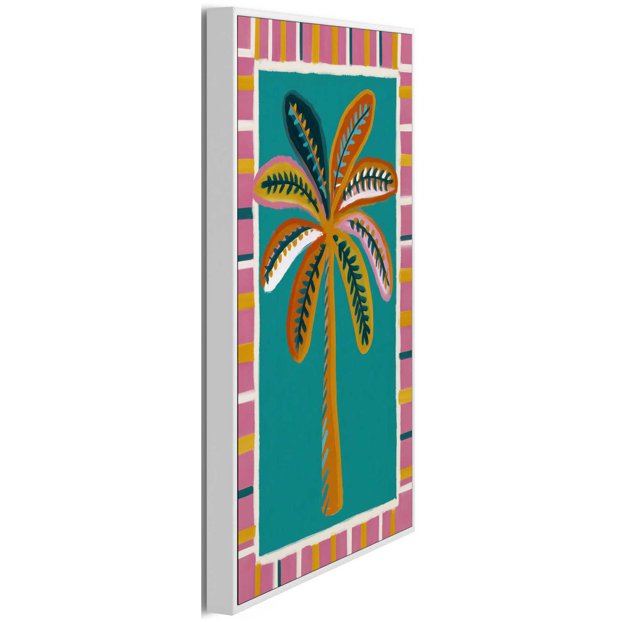 Seitliche Schrägansicht des Wandbilds „Colourful Palmtree“, 20 × 30 cm; Profil, Kante und Tiefe des Bildes sind erkennbar.