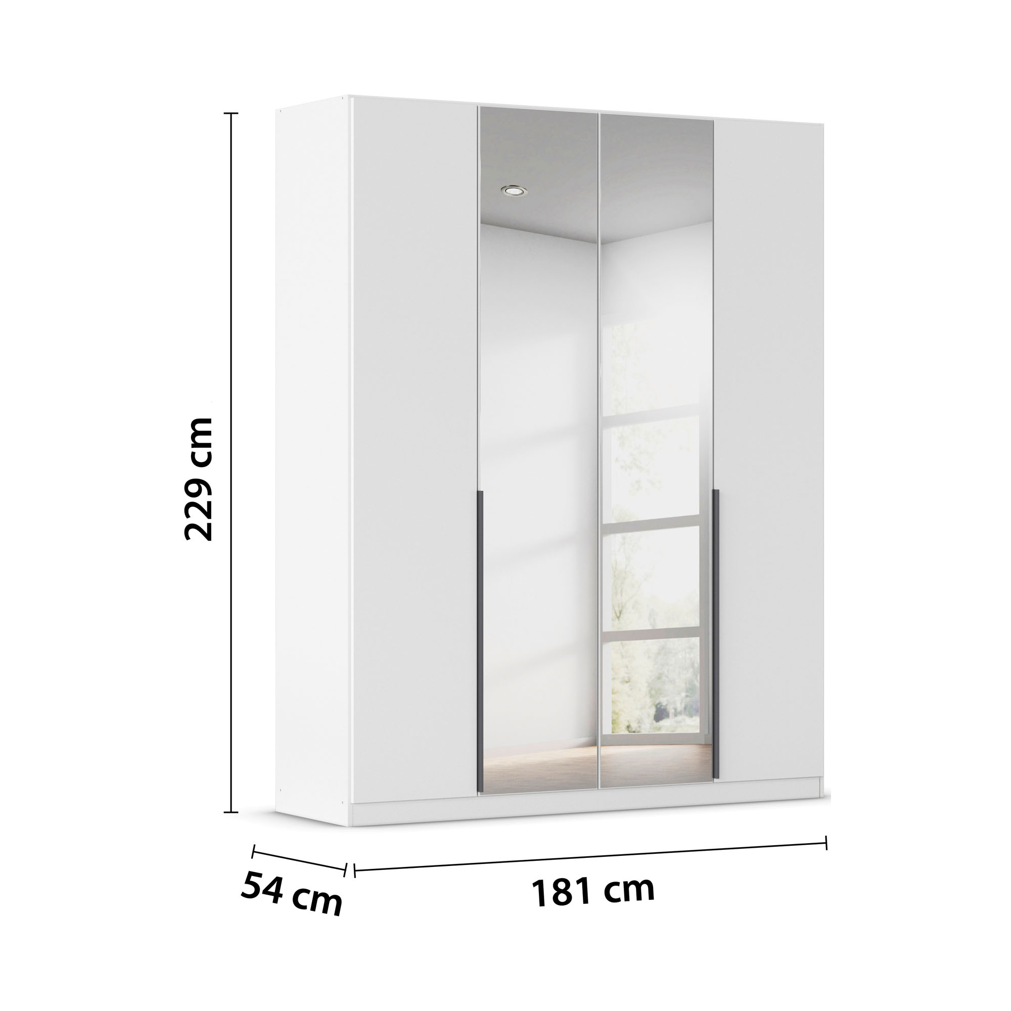 Weißer Kleiderschrank mit Spiegeltüren und Maßangaben Breite 181 cm, Höhe 229 cm und Tiefe 54 cm