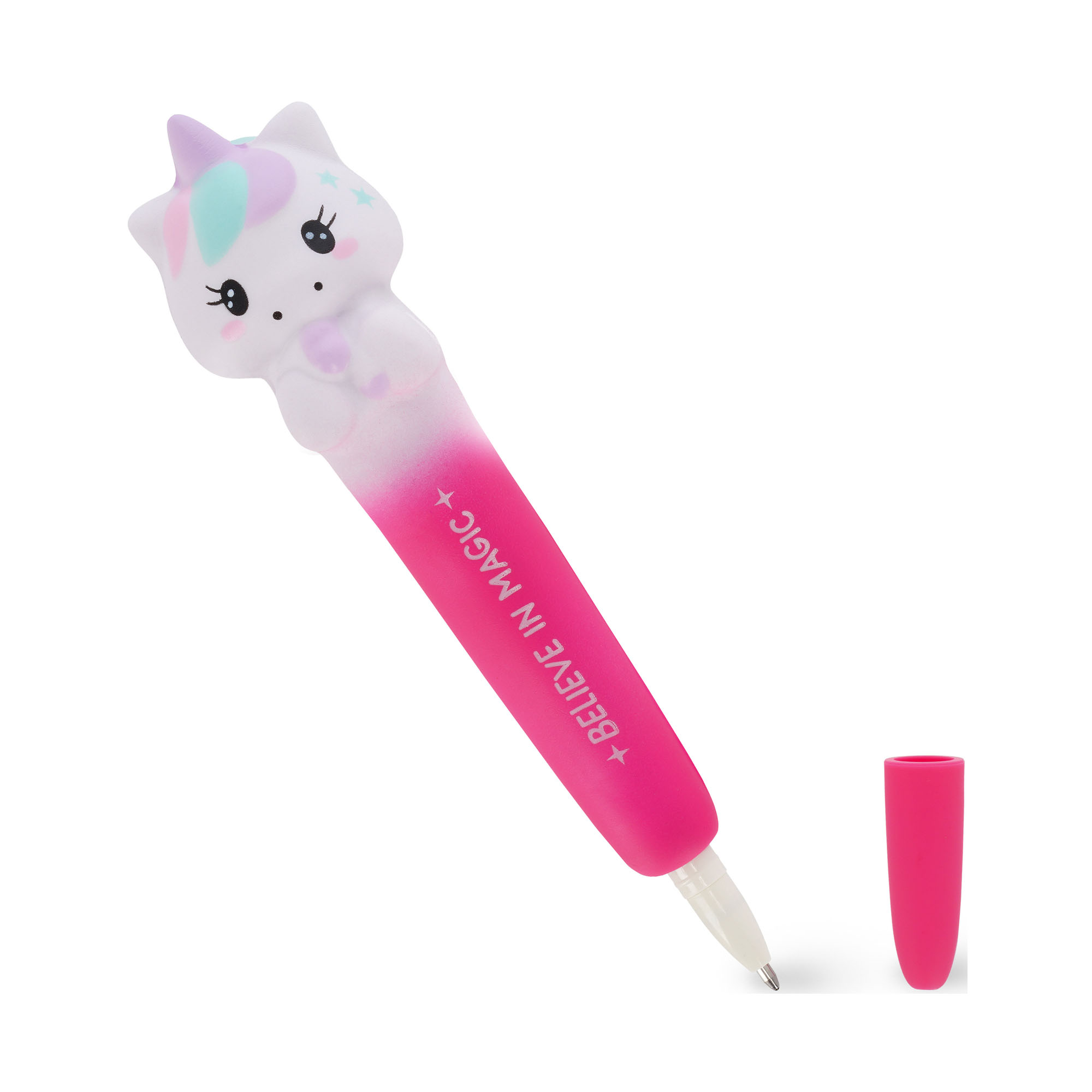 Pinker Gelstift mit weichem Einhorn-Aufsatz, schräg mit abgenommener Kappe und sichtbarer Schreibspitze dargestellt.