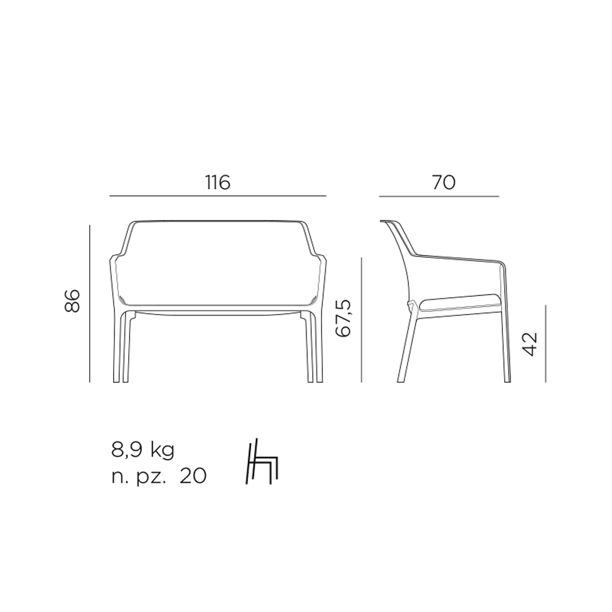 Technische Zeichnung einer Gartenbank mit Armlehnen, von vorne und von der Seite dargestellt. Die Maße sind mit 86 cm Höhe, 116 cm Breite, 70 cm Tiefe, 67,5 cm Armlehnenhöhe und 42 cm Sitzhöhe angegeben. Zusätzlich ist das Gewicht mit 8,9 kg und eine Stap