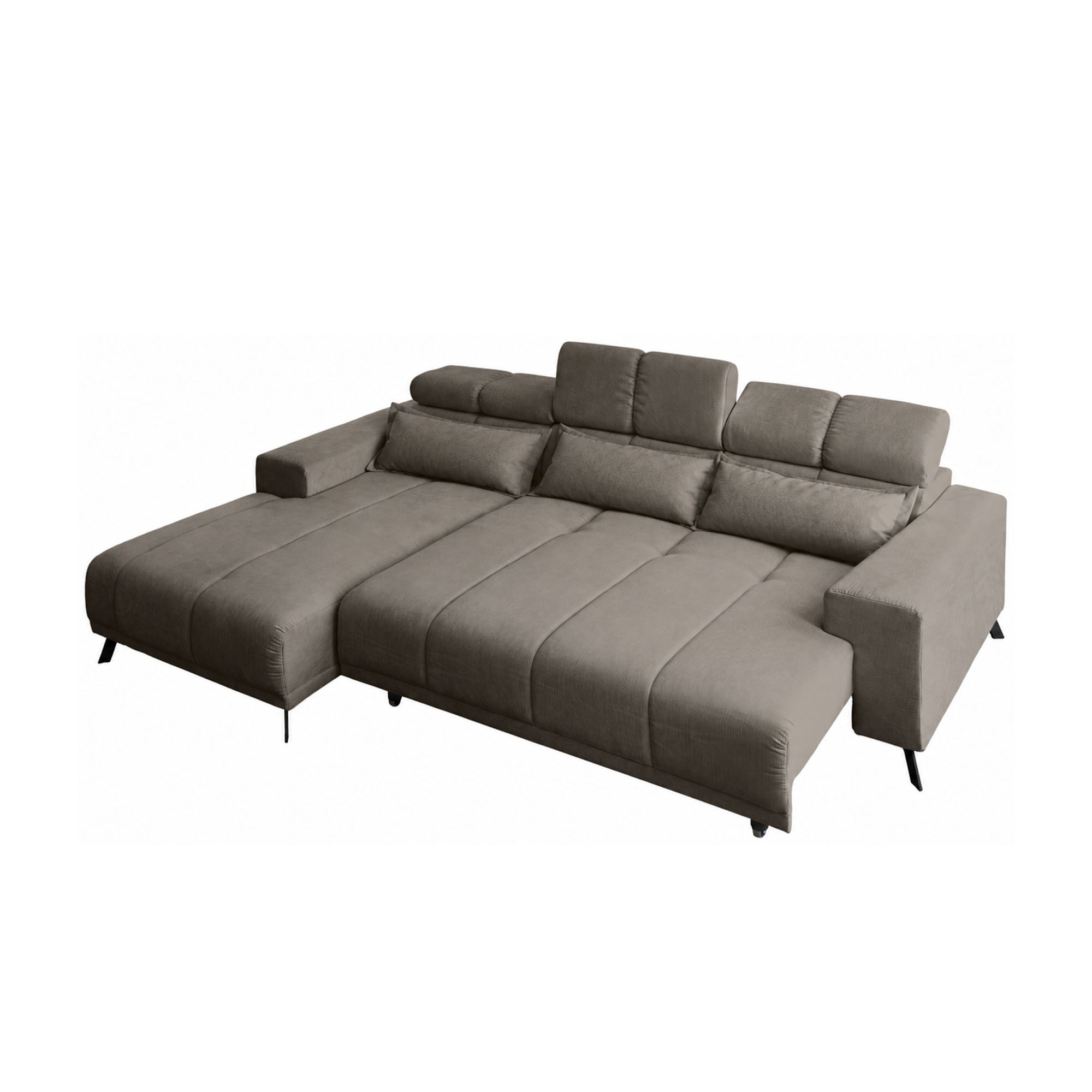 Hellgraues Ecksofa in Cord-Optik mit Ottomane links, ausgezogener Sitzfläche, verstellbaren Kopfstützen und schwarzen Metallfüßen