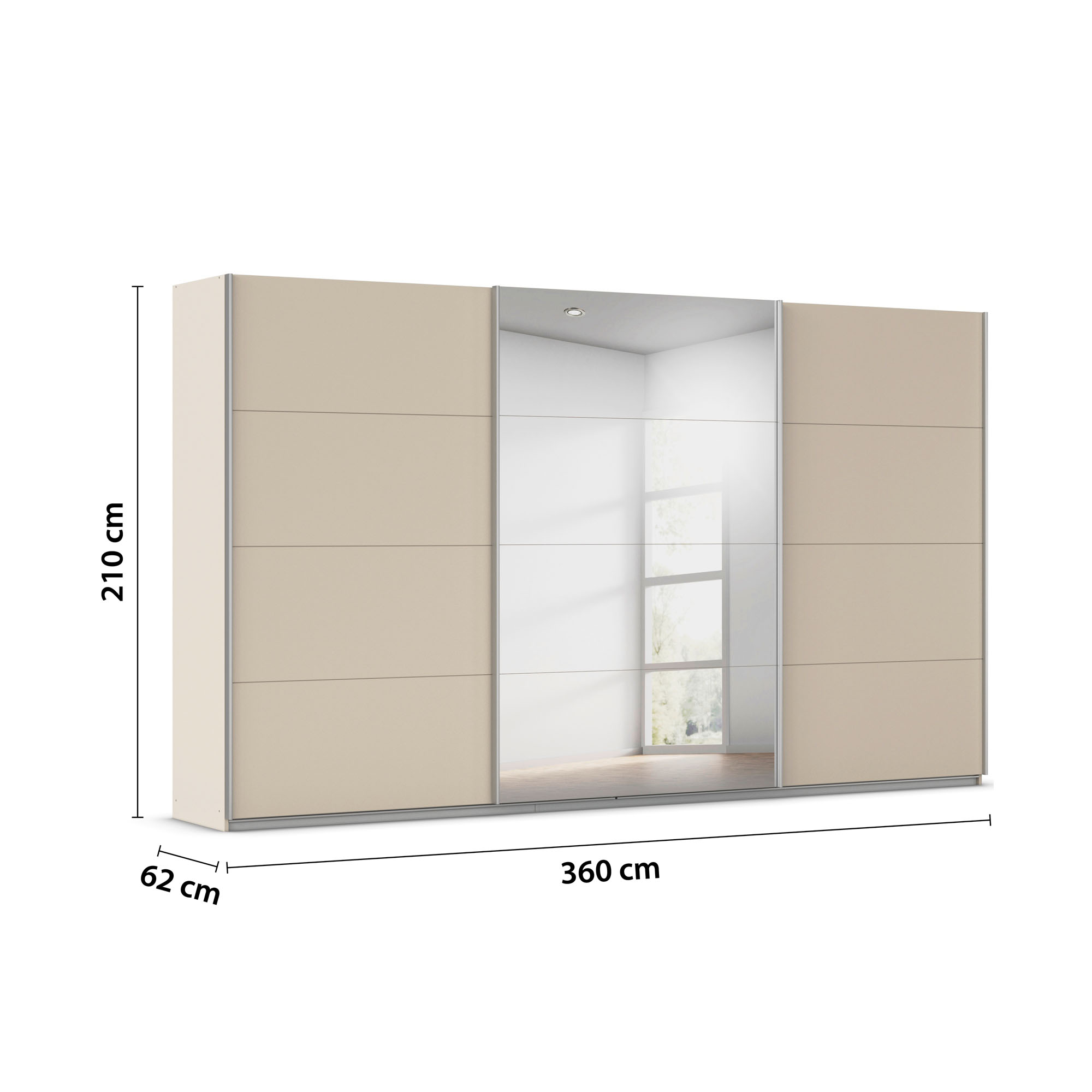 Darstellung der Schrankmaße mit 360 cm Breite, 210 cm Höhe und 62 cm Tiefe