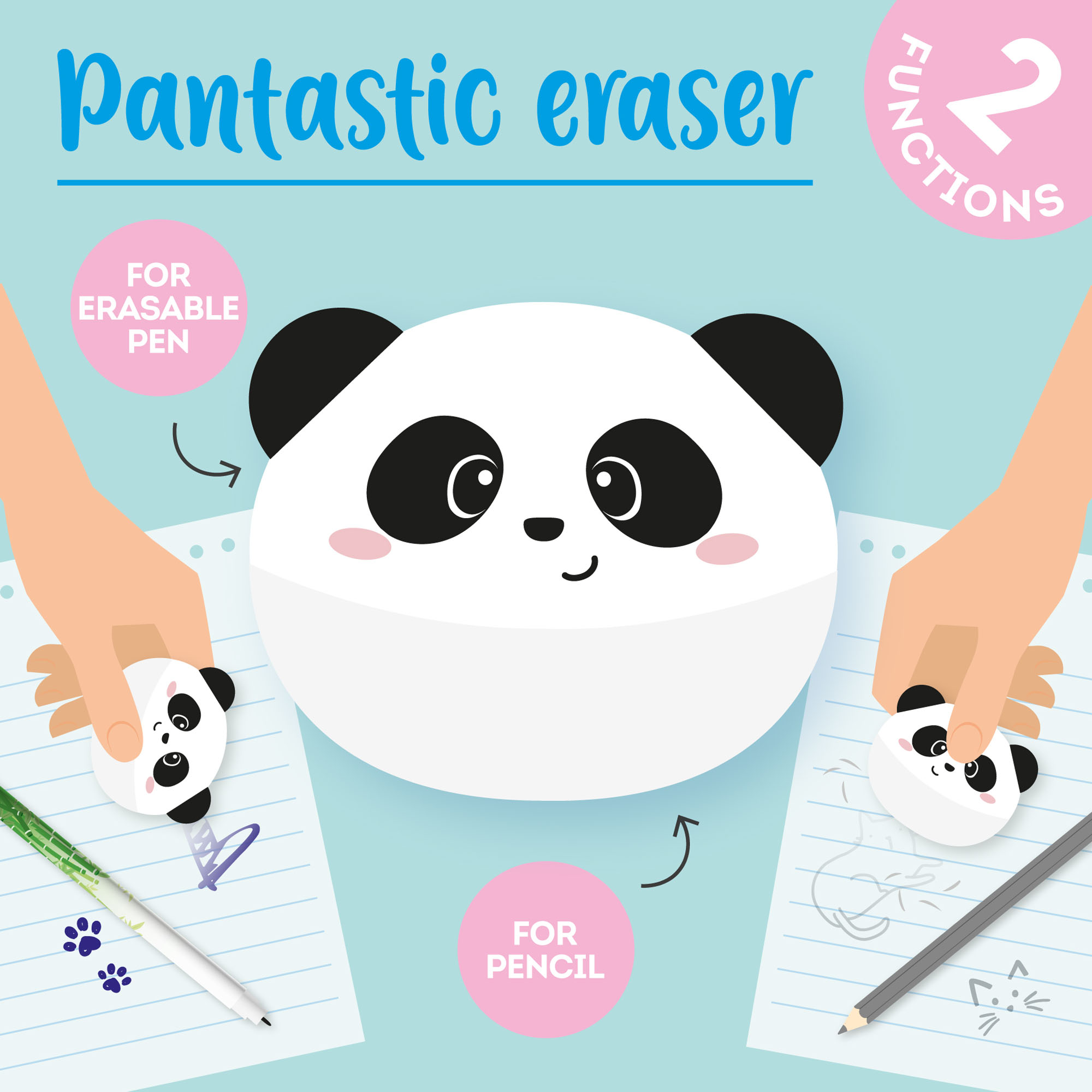 Runder 2-in-1-Radierer im Panda-Design, in einer Grafik mit den zwei getrennt nutzbaren Radierflächen gezeigt.