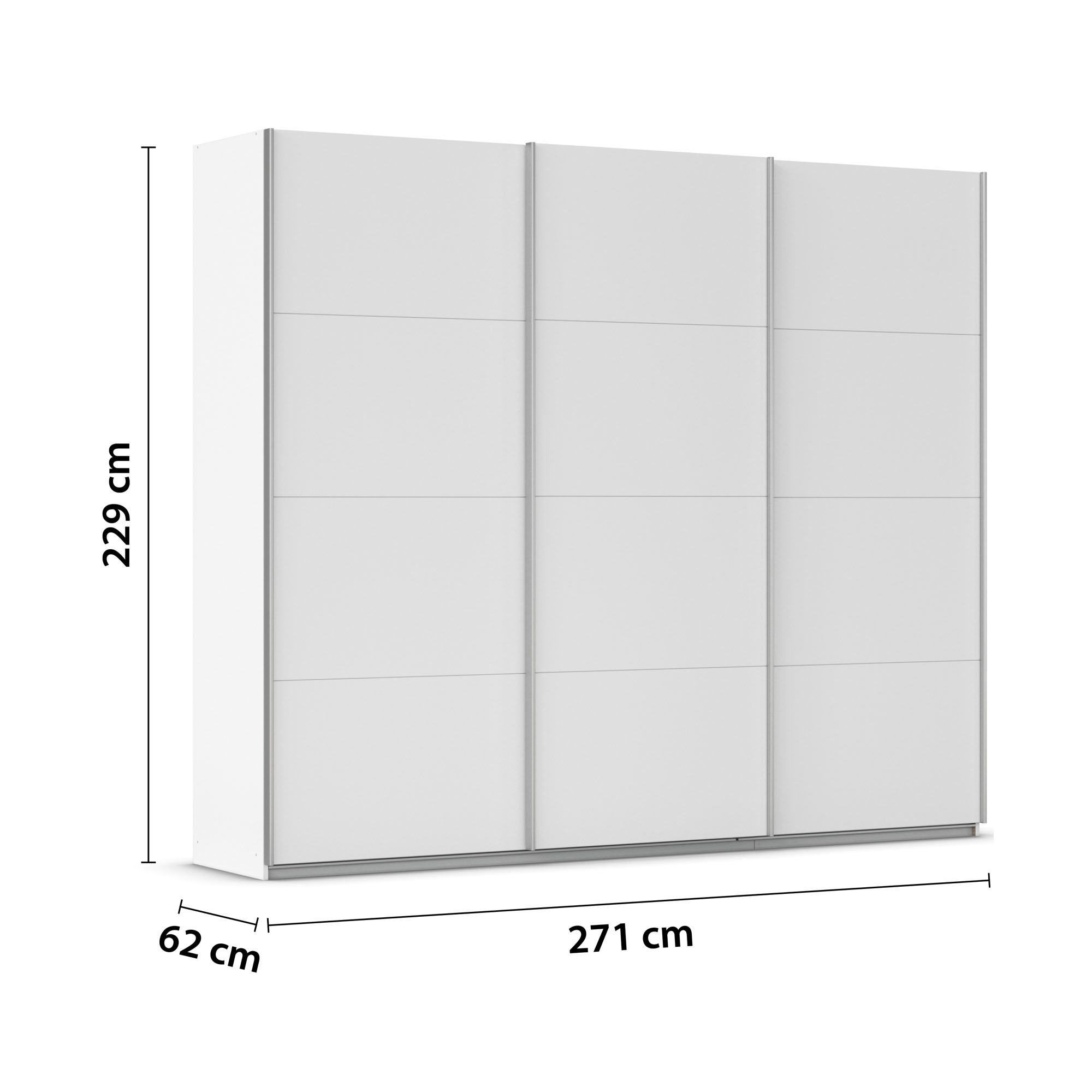 Weißer Schwebetürenschrank mit Maßangaben 271 cm Breite, 229 cm Höhe und 62 cm Tiefe