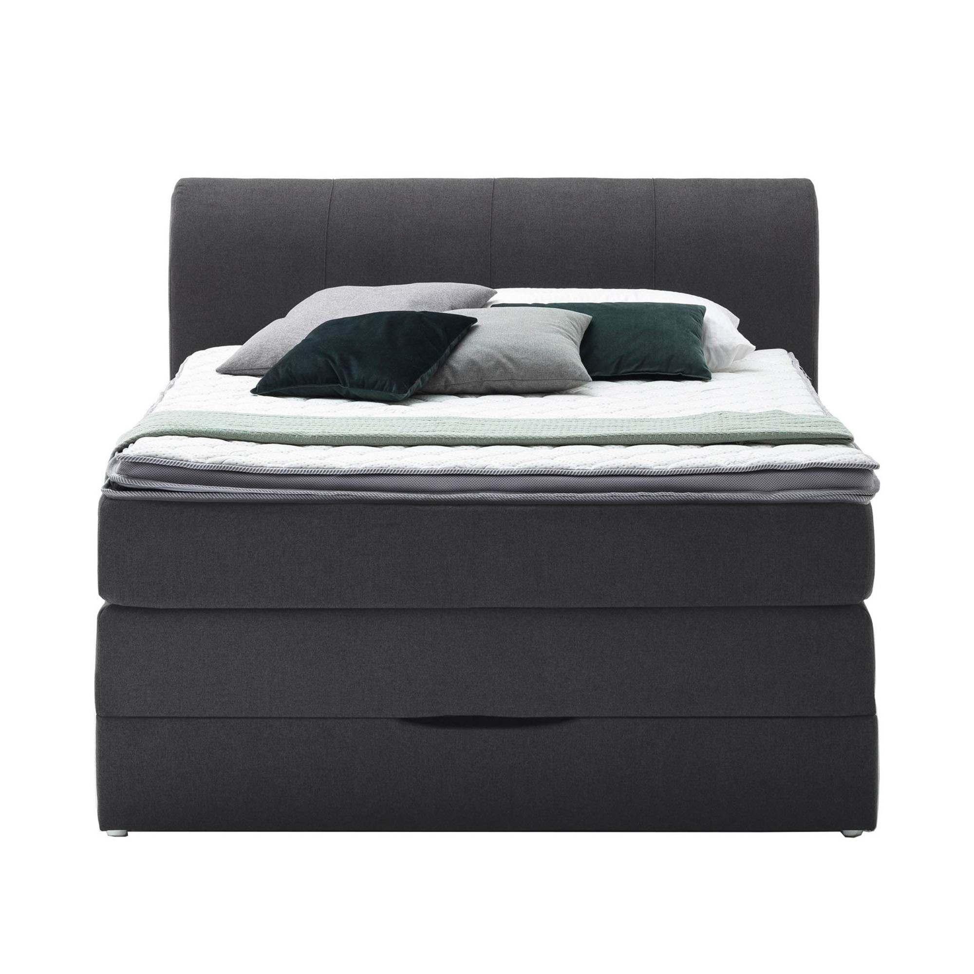 Boxspringbett in Frontansicht mit durchgehendem Kopfteil und aufliegender Matratze mit Topper