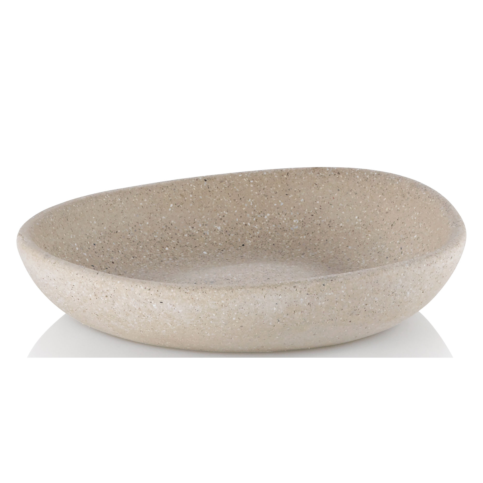 Freigestellte ovale Seifenschale in Beige mit strukturierter Oberfläche und flach ansteigendem Rand