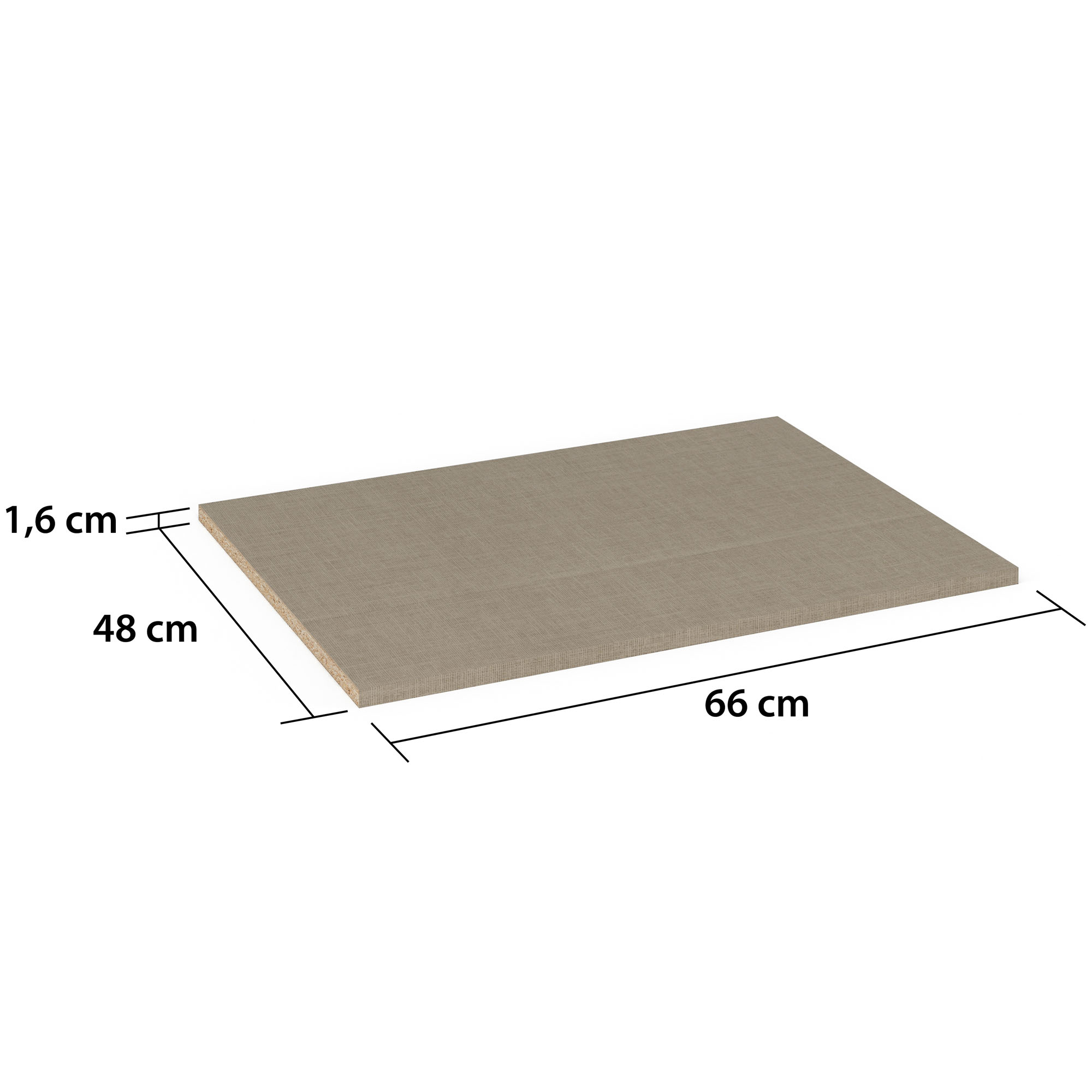 Rechteckiger Einlegeboden in naturfarbener Leinenoptik, daneben Maßangaben 66 cm Breite, 48 cm Tiefe und 1,6 cm Stärke