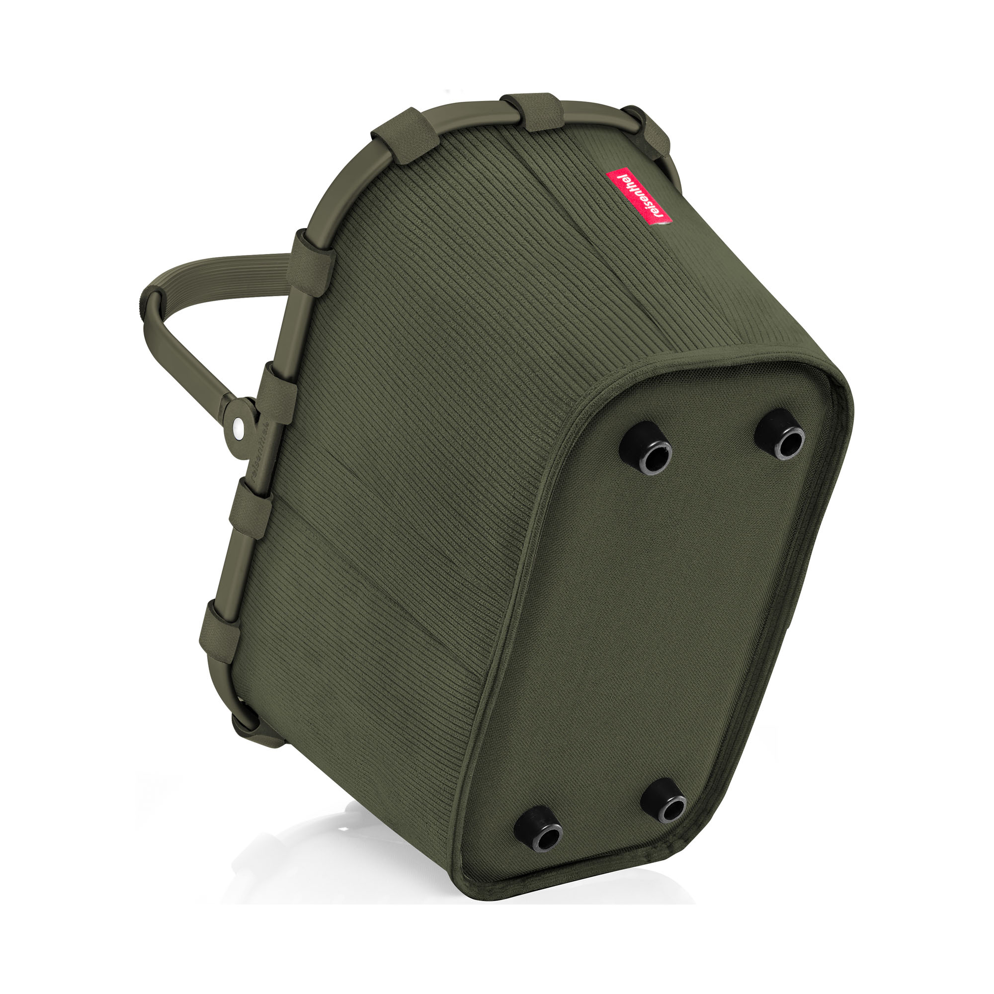 Kleiner Einkaufskorb von Reisenthel, Modell Carrybag XS, in Dunkelgrün aus geripptem Cord, schräg von unten mit vier schwarzen Standfüßen.
