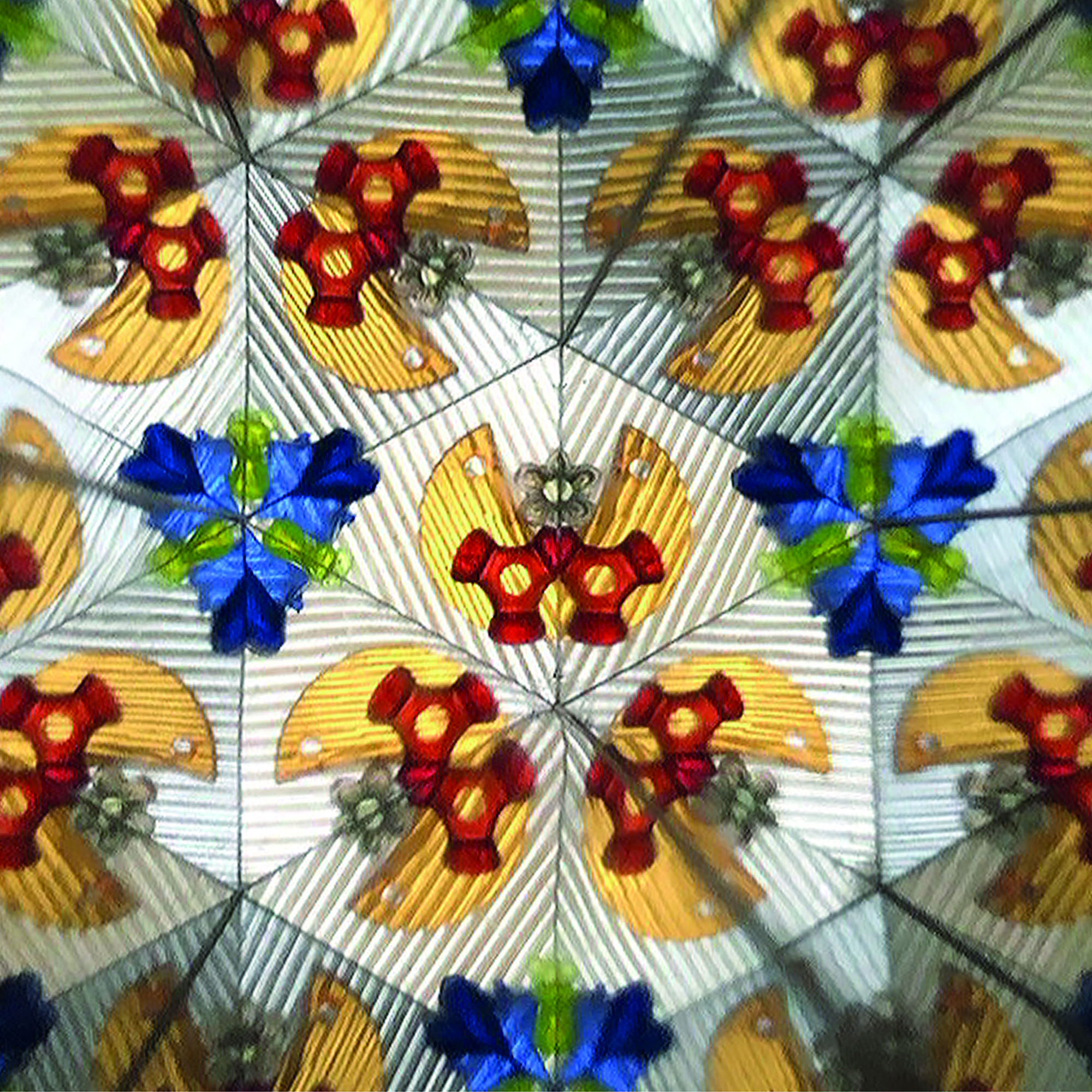 Mintfarbenes Kaleidoskop im Einhorn-Design, mit einem zweiten symmetrischen Muster aus farbigen Figuren gezeigt.