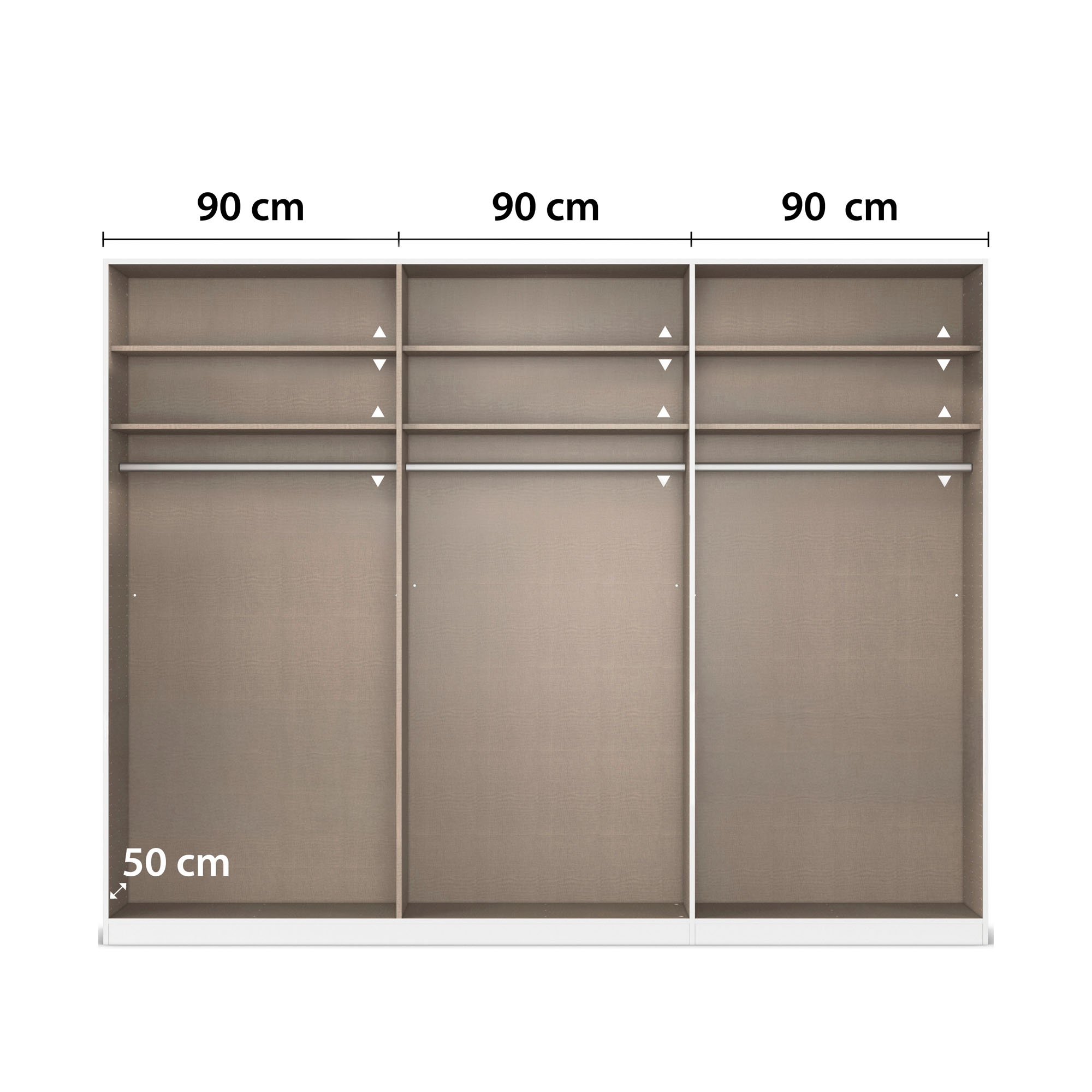 Innenansicht eines 6-türigen Kleiderschranks mit drei großen Fächern, Kleiderstangen und Einlegeböden je 90 cm breit