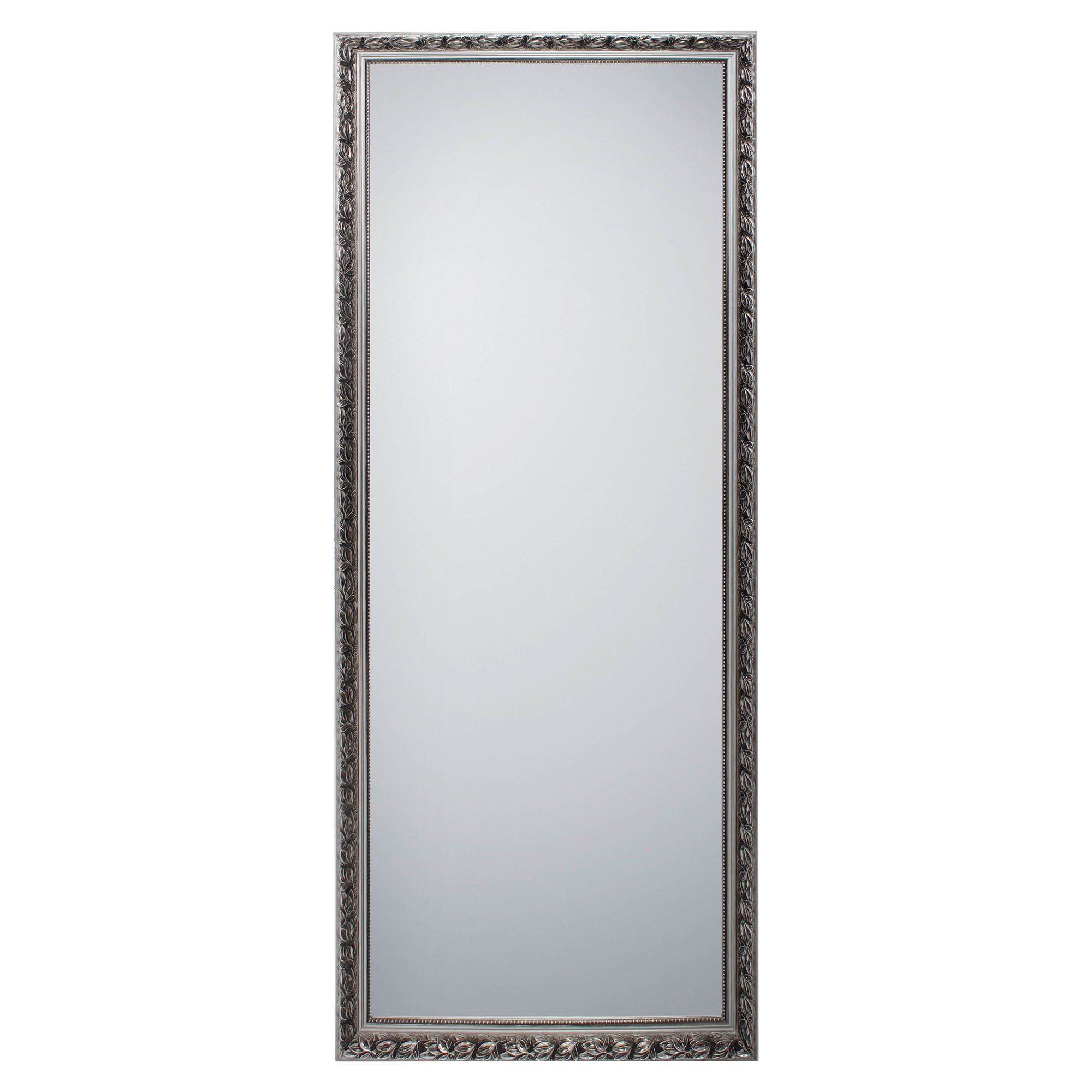 Spiegel Sonja in Silber, freigestellt in einer zweiten Gesamtansicht; zu sehen ist die rechteckige Spiegelfläche mit ornamentiertem Rahmen; Maße ca. 70 x 170 x 3,5 cm.