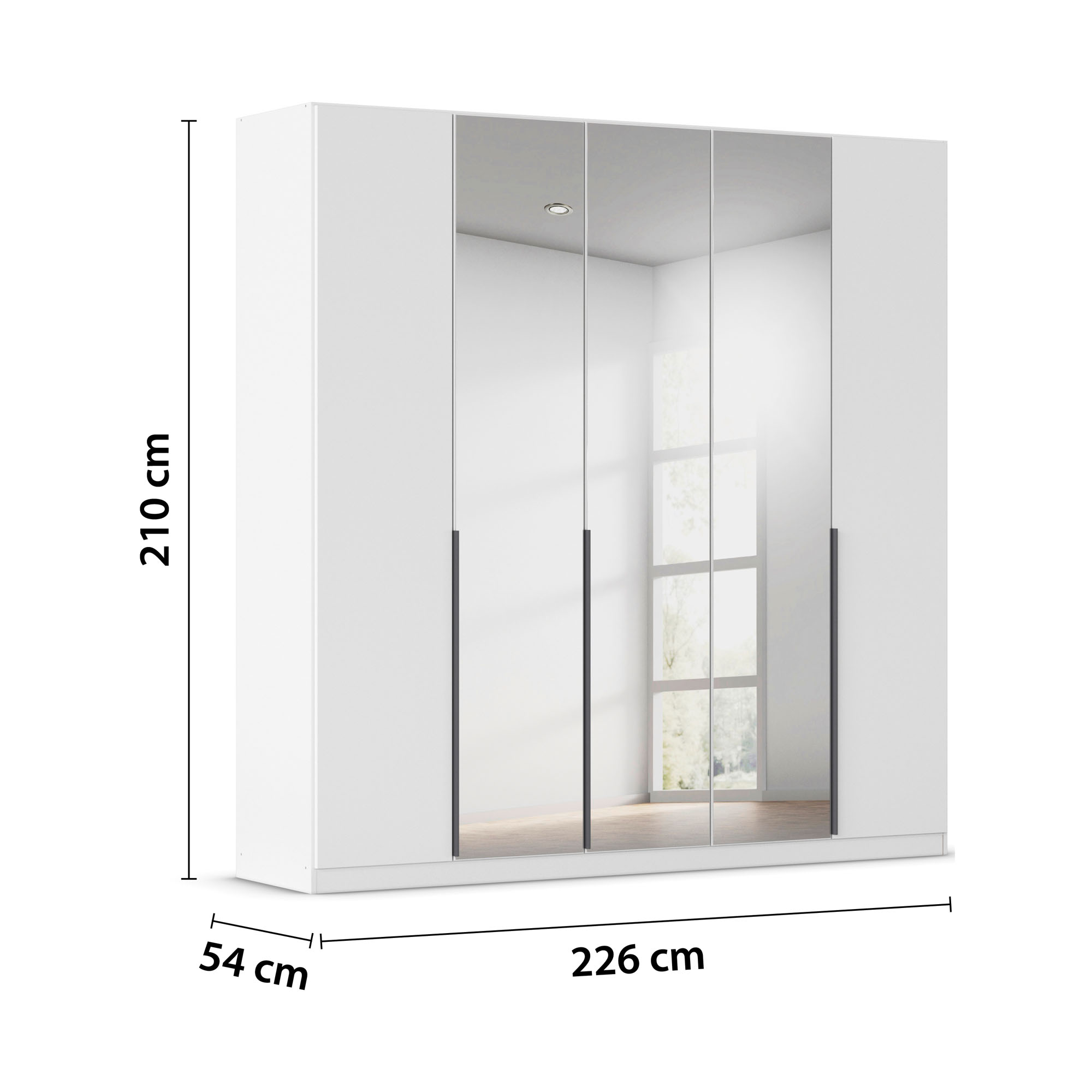 Weißer 5-türiger Kleiderschrank mit Spiegel und Maßangaben Breite 226 cm, Höhe 210 cm und Tiefe 54 cm