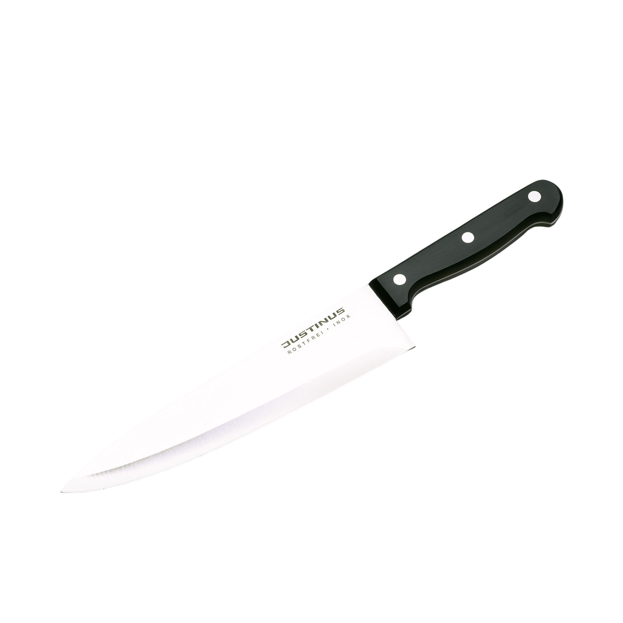 Kochmesser, mittel 8" Küchenchef: Kochmesser mit breiter heller Klinge und schwarzem dreifach vernietetem Griff, diagonal freigestellt.