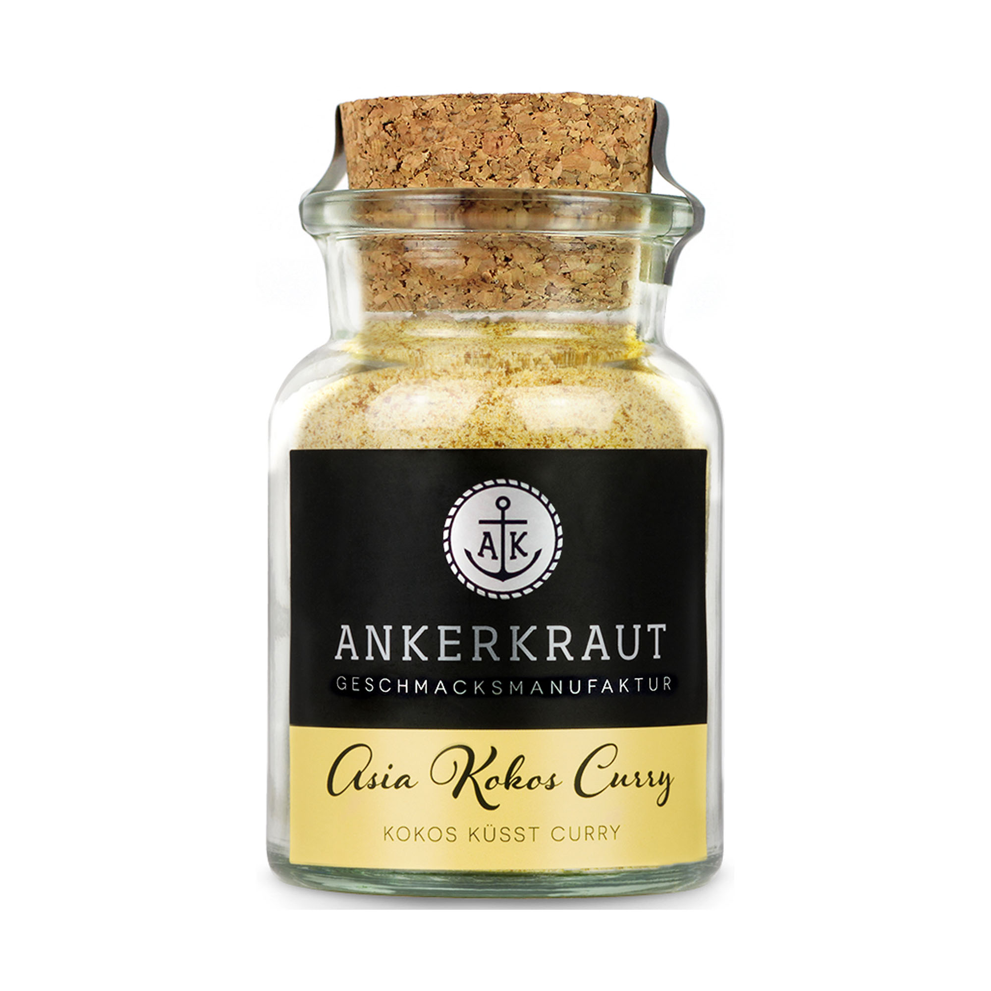 Asia Kokos Curry von Ankerkraut in einem Glas mit Korkverschluss; der hellgelbe Gewürzinhalt ist durch das Glas zu sehen.