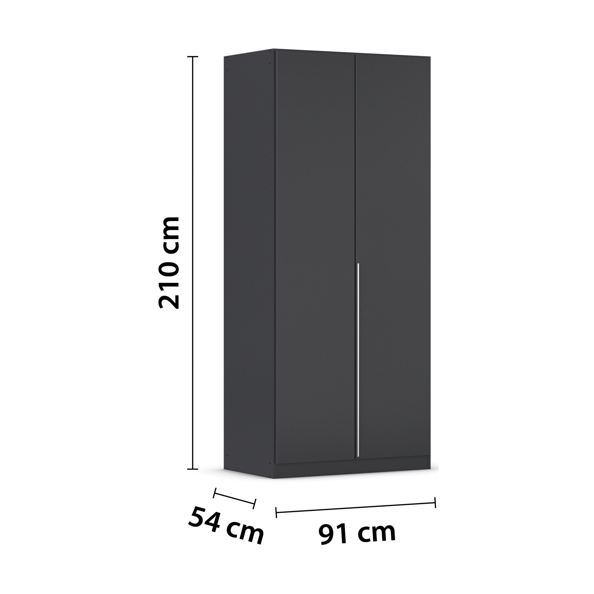 Grau-Metallicer Kleiderschrank mit eingezeichneten Gesamtmaßen von 210 cm Höhe, 91 cm Breite und 54 cm Tiefe