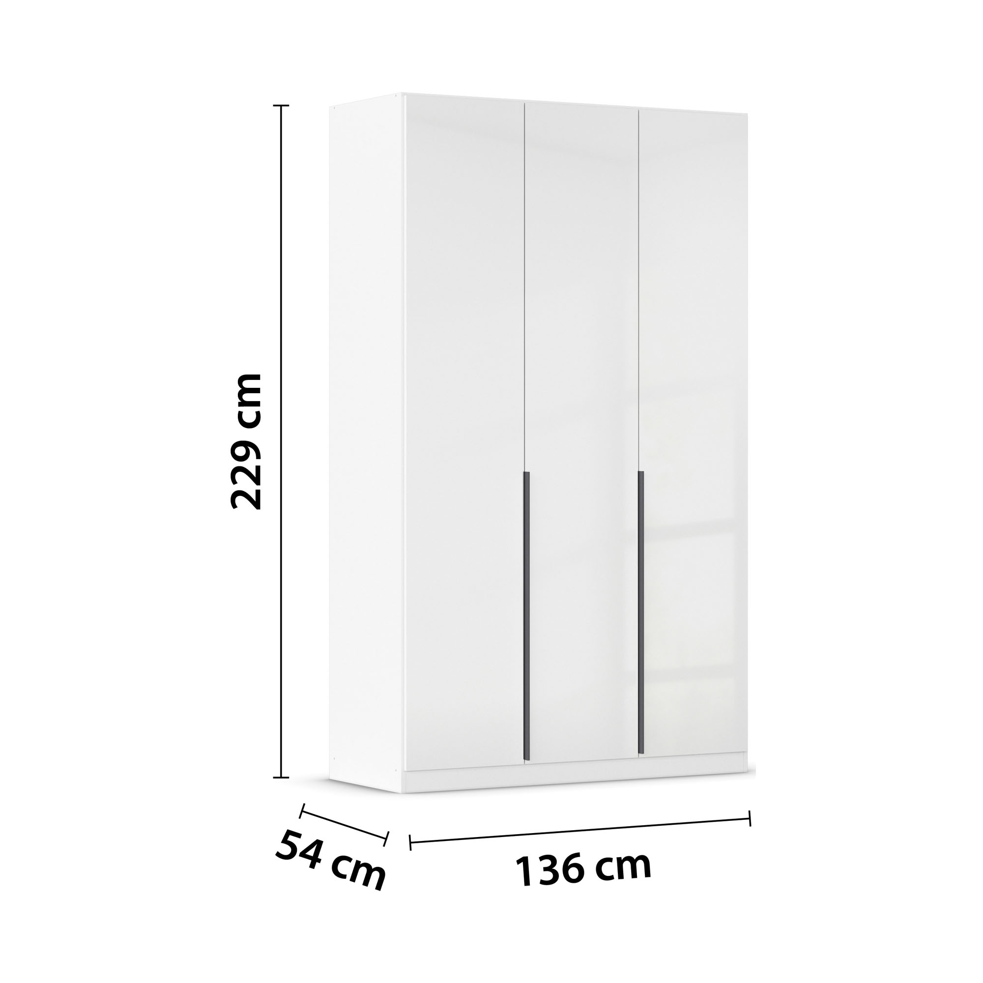 Weißer Hochglanz Drehtürenschrank mit drei Türen und Maßangaben 136 cm Breite, 229 cm Höhe und 54 cm Tiefe