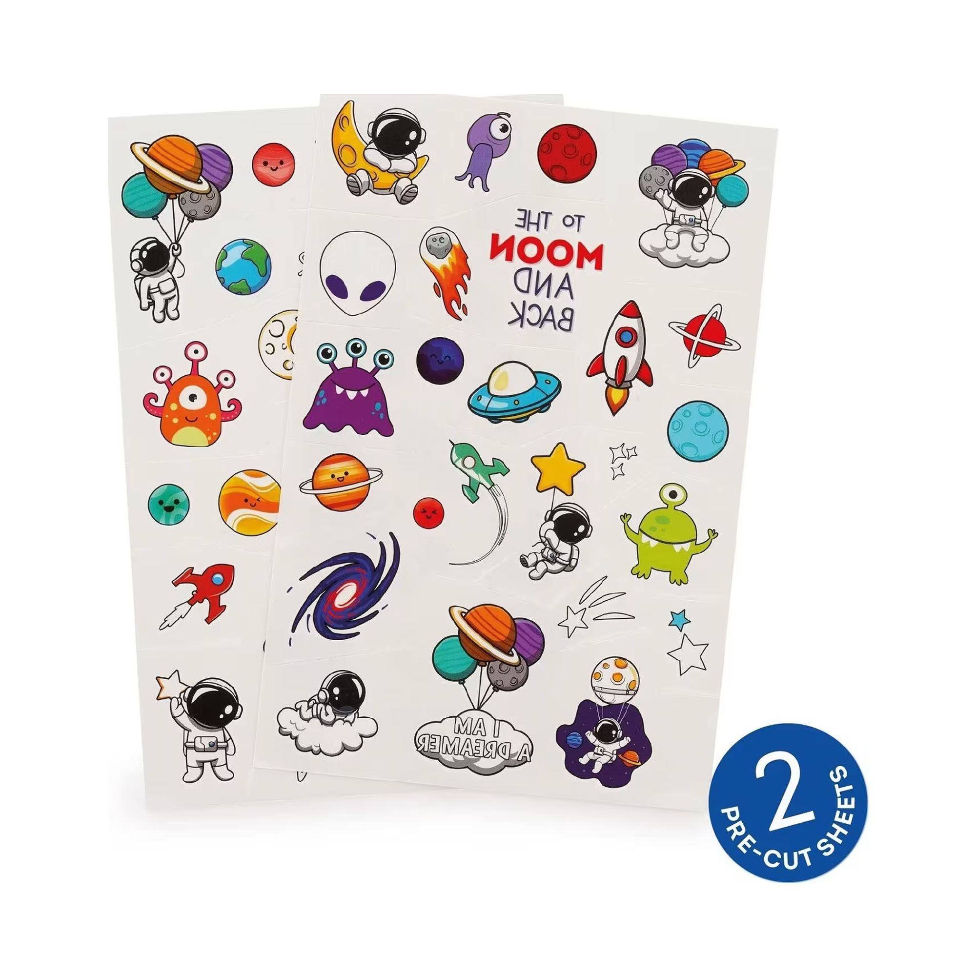 Zwei Bögen temporärer Tattoos mit Weltraummotiven, mit zwei Bögen voller kleiner Weltraummotive dargestellt.