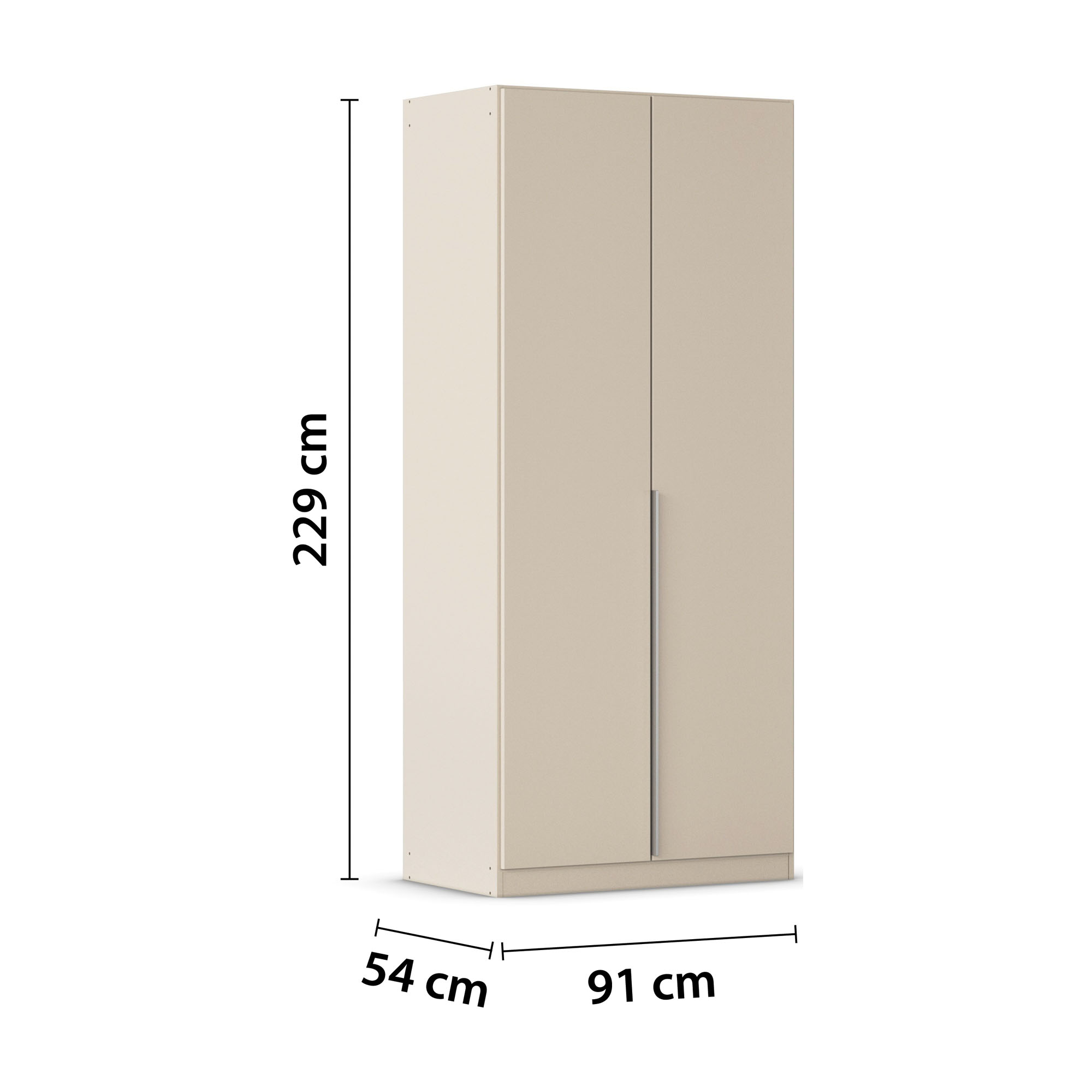 Champagnerfarbener Kleiderschrank mit eingezeichneten Maßen von 229 cm Höhe, 91 cm Breite und 54 cm Tiefe