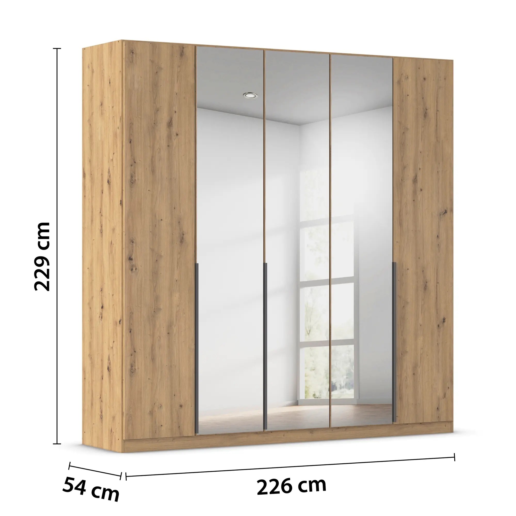 5-türiger Kleiderschrank in Eiche Artisan mit Spiegel und Maßangaben Breite 226 cm, Höhe 229 cm und Tiefe 54 cm