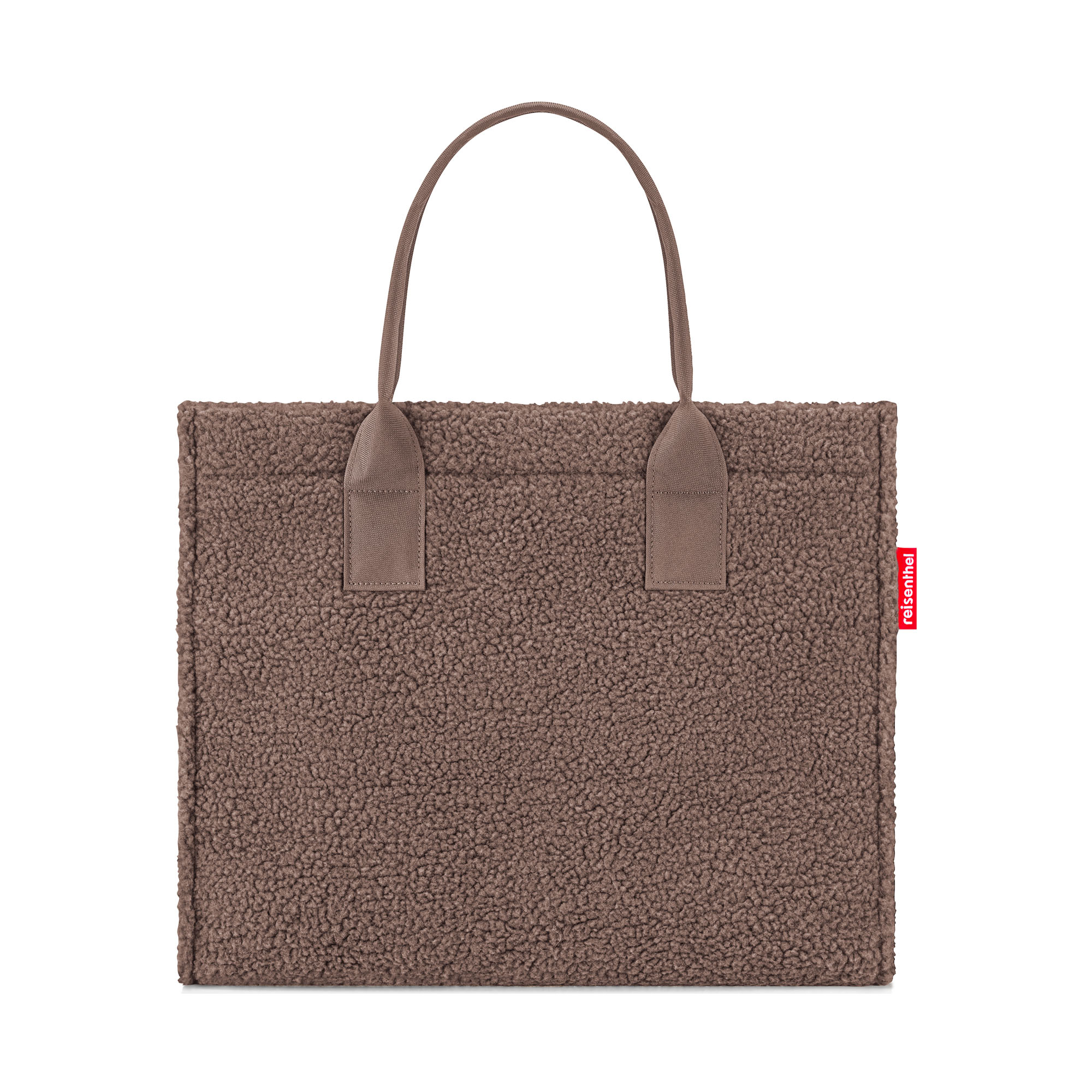 Shopper von Reisenthel, Modell Daily Shopper, in Schokoladenbraun aus Teddyfleece, von hinten mit zwei kurzen Tragegriffen