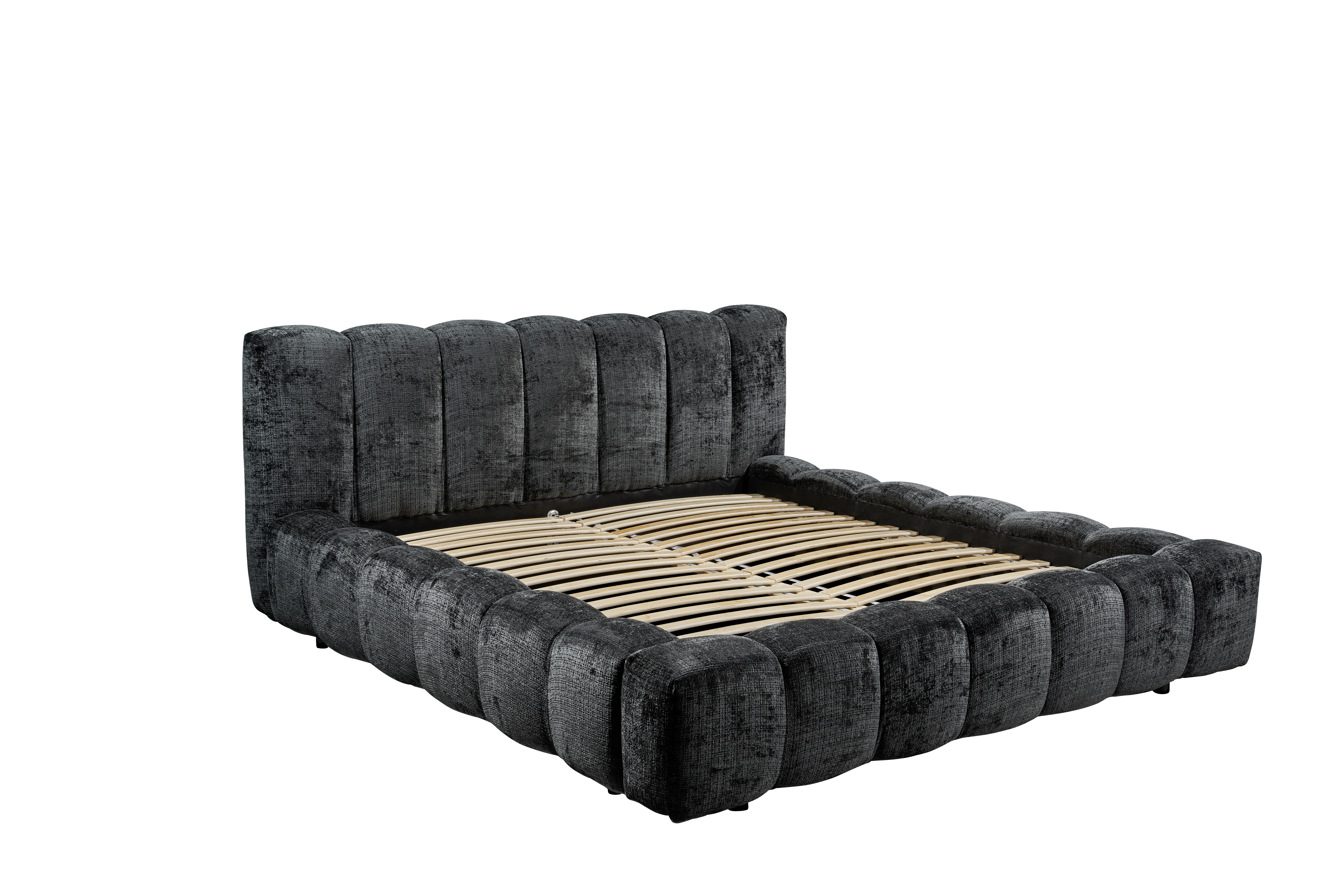 Polsterbett „Cremona 97 Black“ aus schräger Perspektive, Rahmen und Rollrost sichtbar, ohne Matratze, Bezug in Schwarz