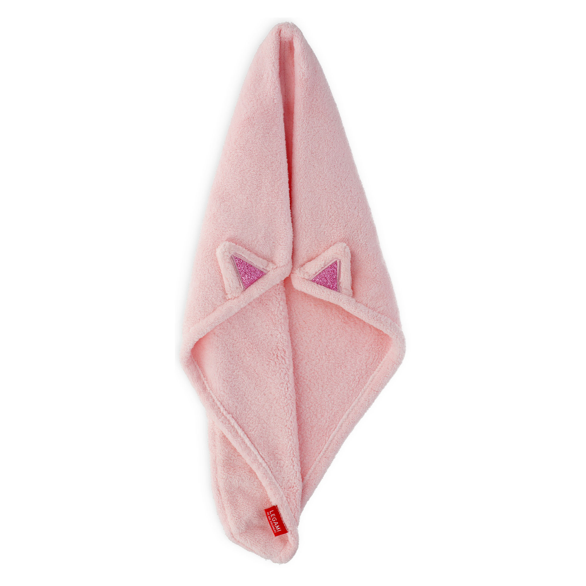 Rosa Haarturban-Handtuch im Katzen-Design, lang gefaltet mit sichtbarer Spitze und Verschlusslasche dargestellt.
