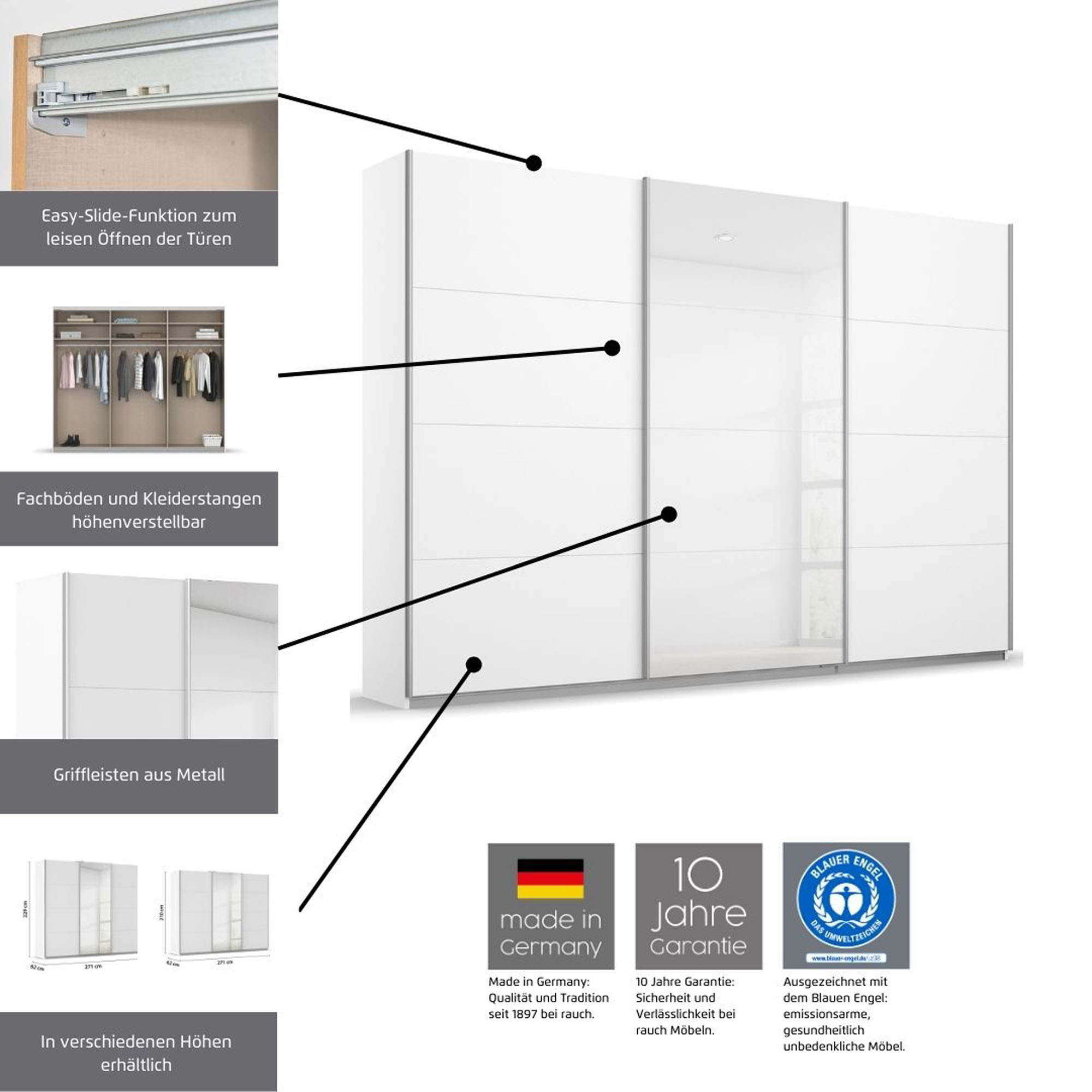 Kleiderschrank mit hervorgehobenen Funktionen wie Easy Slide Türen und verstellbaren Einlegeböden