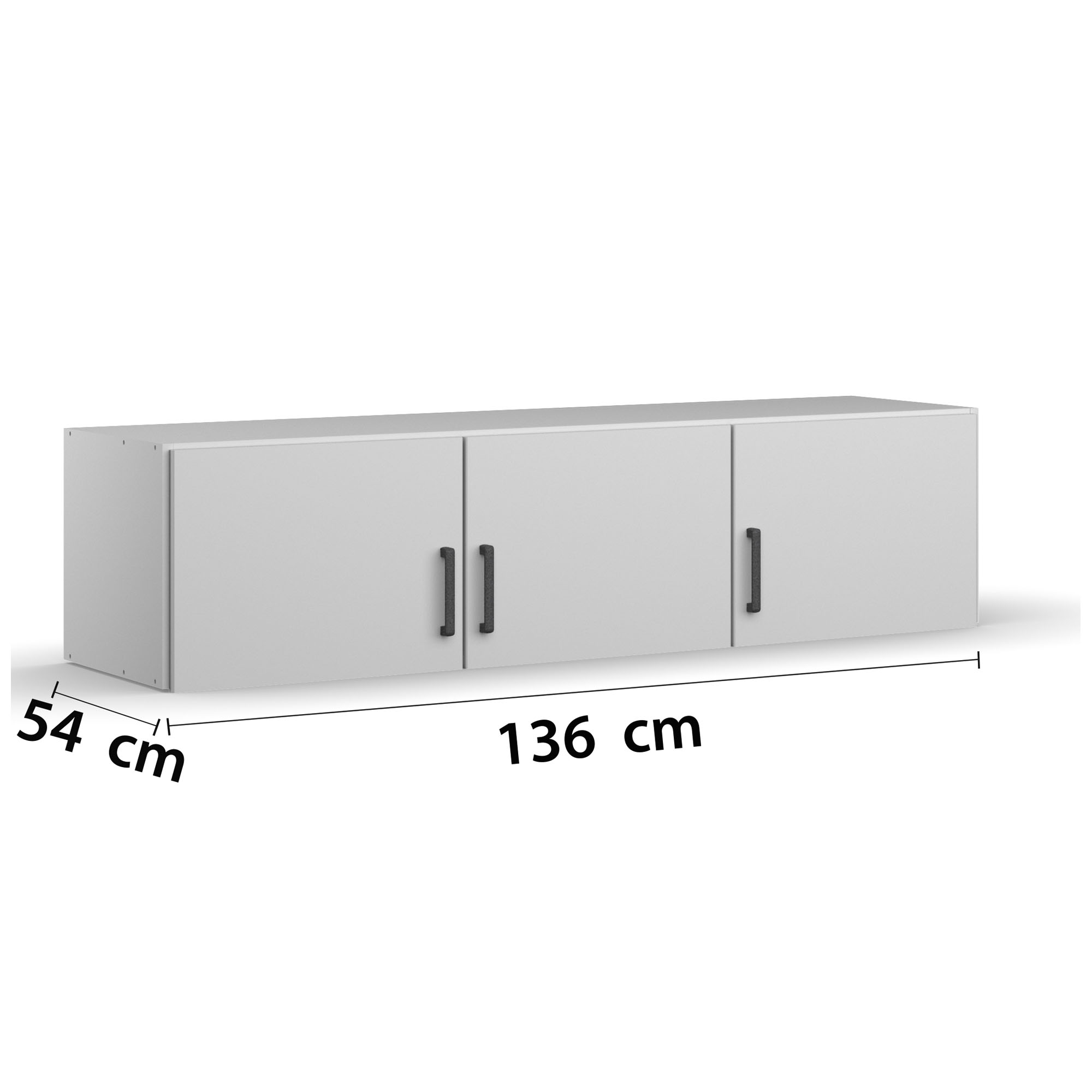 Schrägansicht eines 3-türigen Aufsatzelements im Dekor Alpinweiß mit Griffen in Grau Metallic, Maße Breite 1360 cm, Höhe 39 cm, Tiefe 54 cm