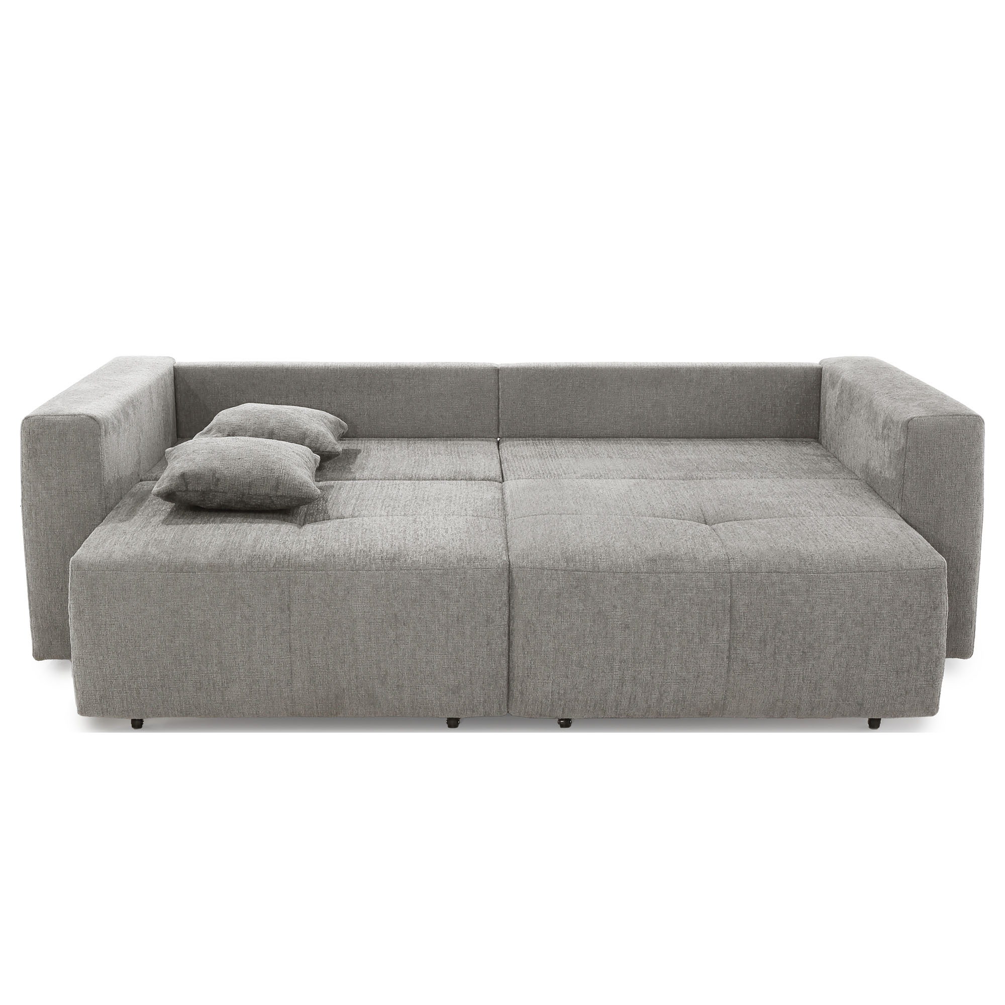Graues Schlafsofa mit vollständig ausgezogener Liegefläche und zwei Kissen für die Schlaffunktion