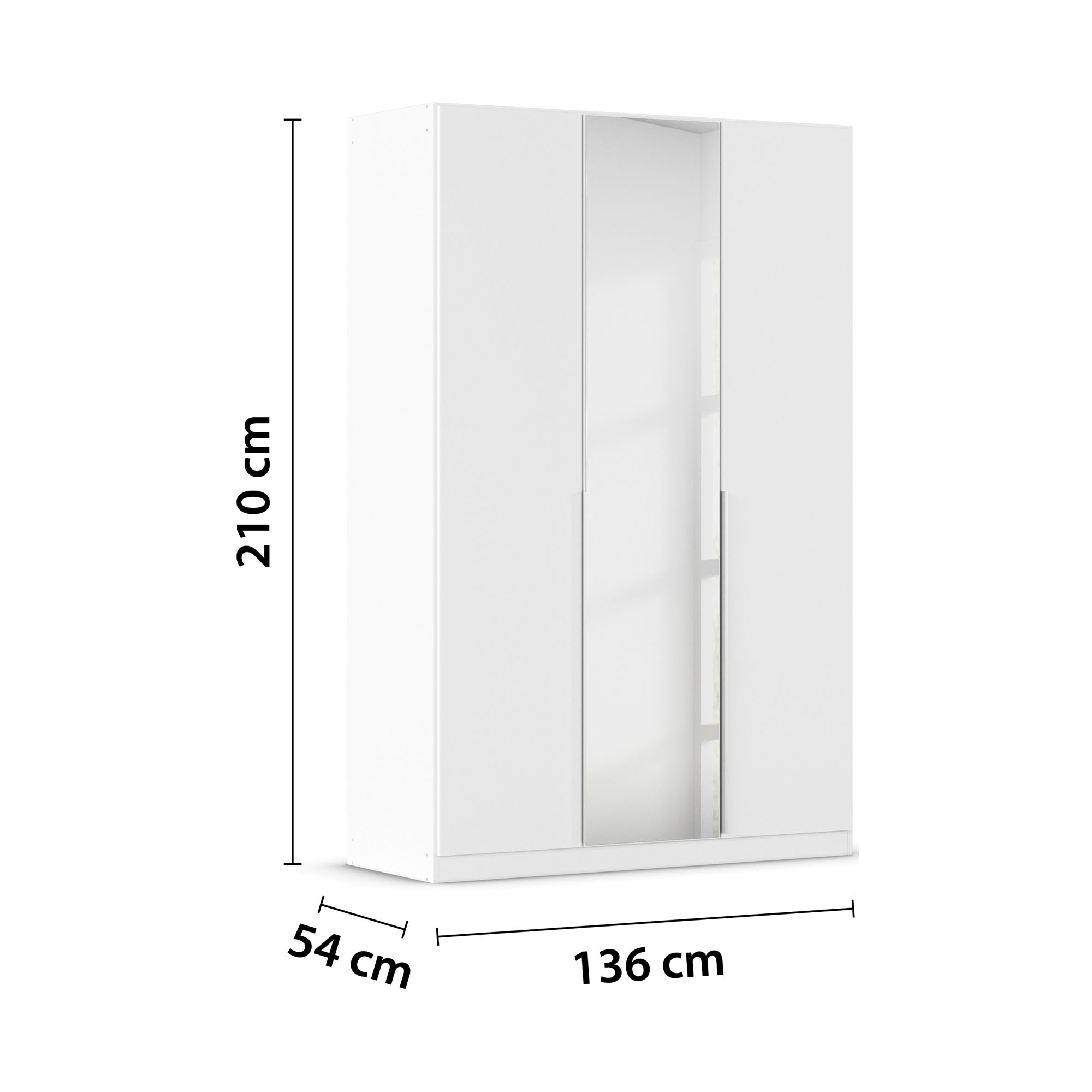 Weißer Kleiderschrank mit Spiegeltür und eingezeichneten Maßen von 210 cm Höhe, 136 cm Breite und 54 cm Tiefe