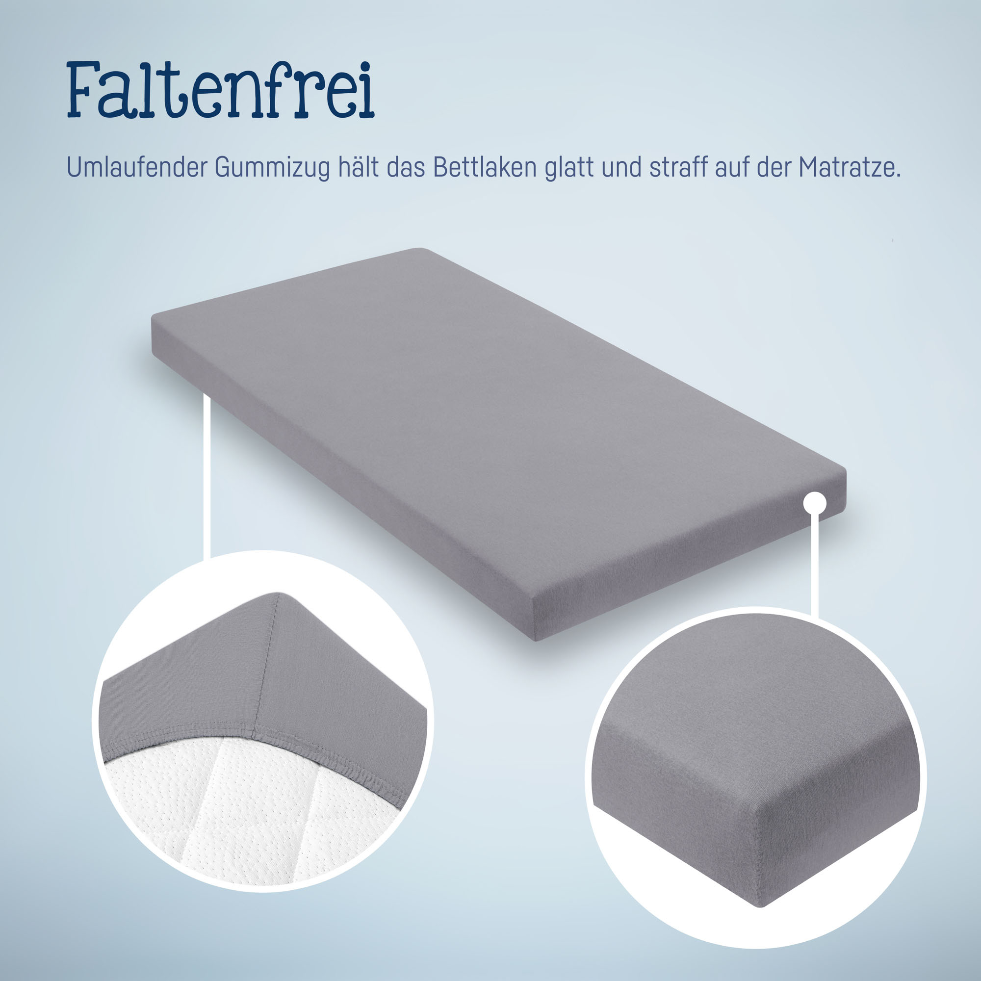 Dunkelgraues Spannbettlaken auf Matratze mit Detailansichten der glatten Oberfläche und der abgerundeten Ecken mit umlaufendem Gummizug