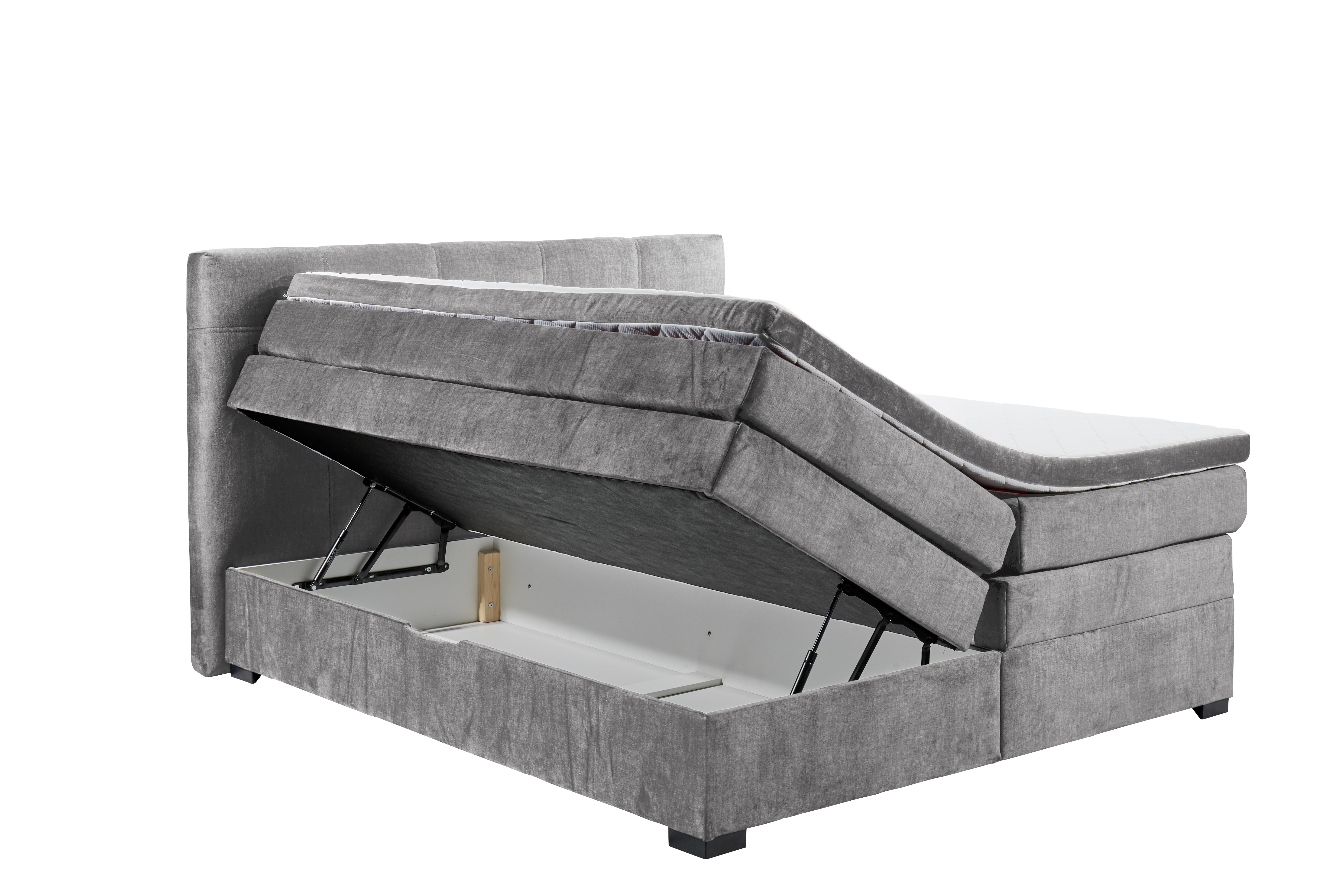 Boxspringbett „Vogue 15 grey“ aus schräger Perspektive, Bettkasten geöffnet, Stauraumfunktion sichtbar
