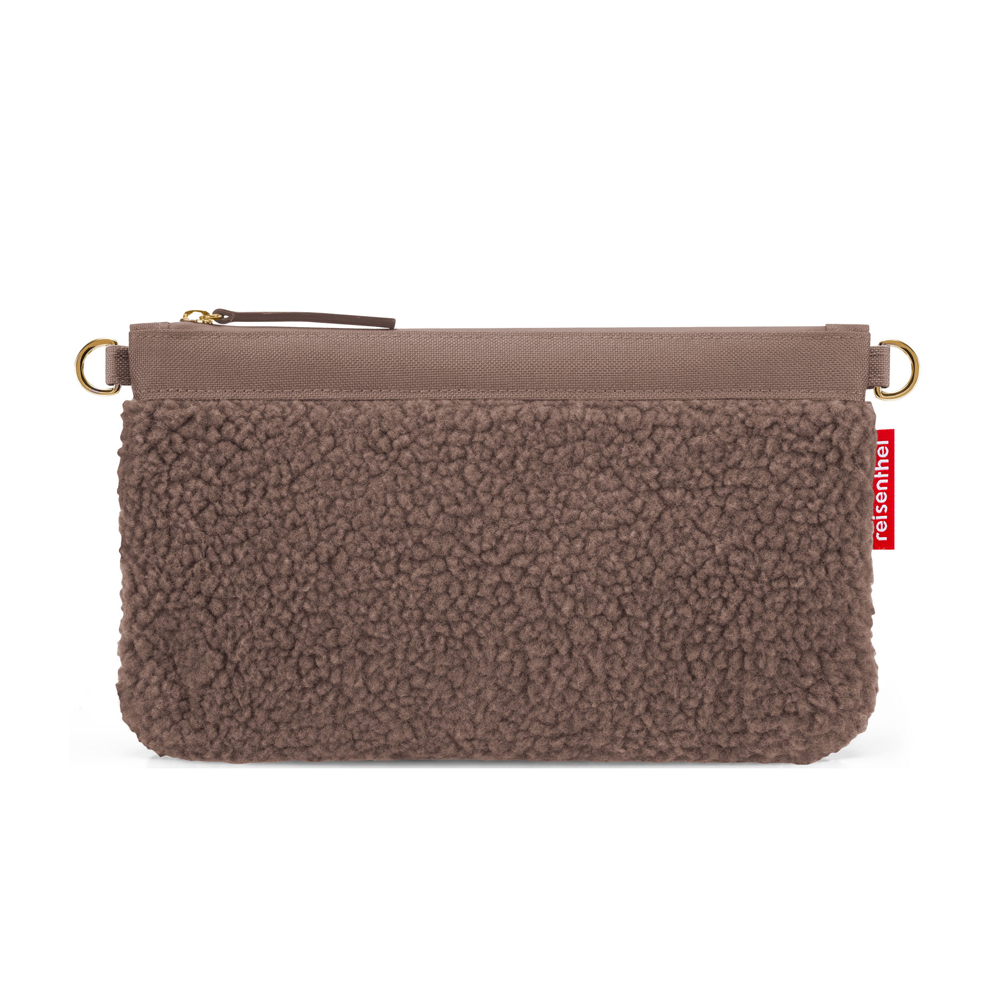 Kleine Umhängetasche von Reisenthel, Modell Mini Pouch, in Schokoladenbraun aus Teddyfleece, frontal mit geschlossenem Reißverschluss