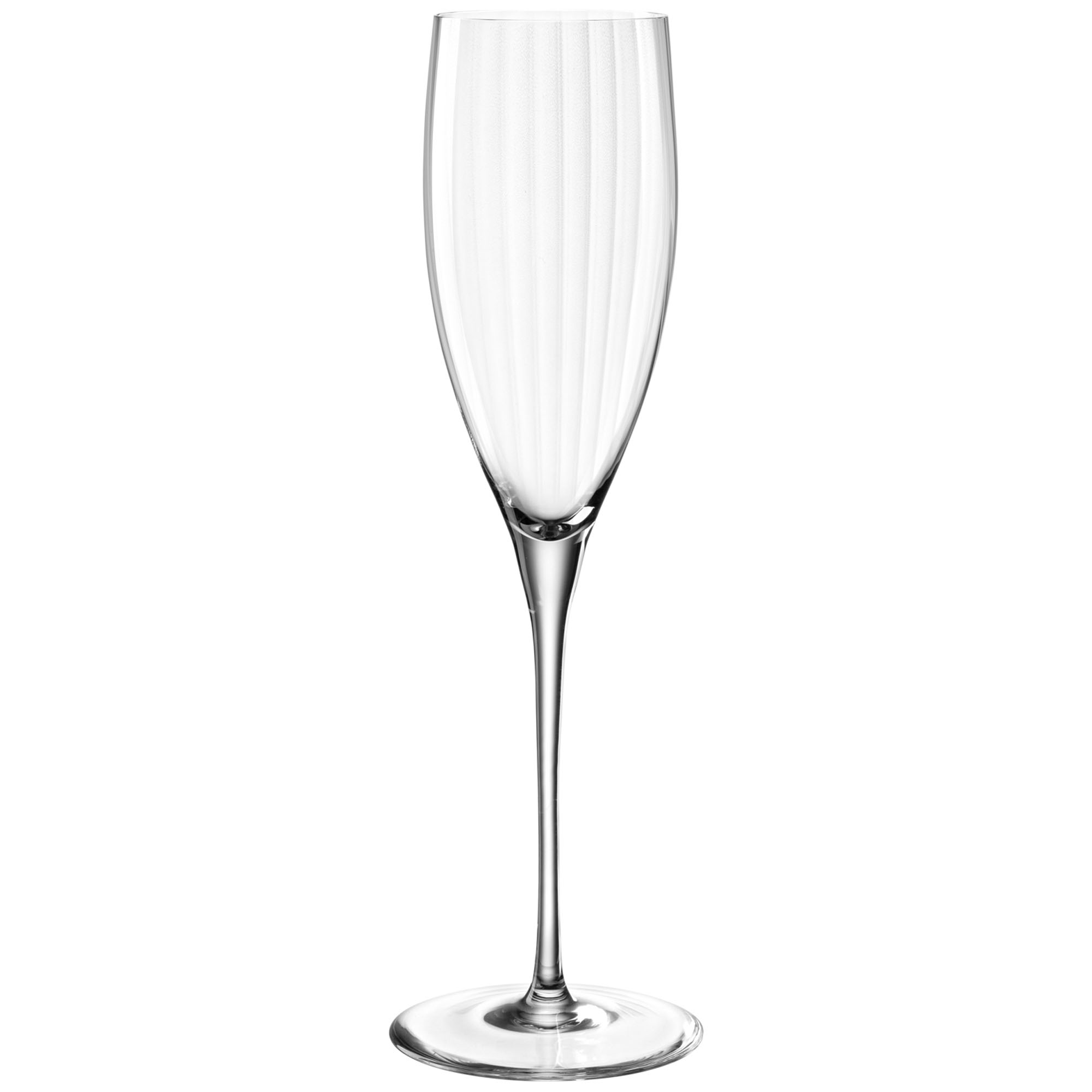 Schlankes Sektglas aus klarem Glas mit feiner vertikaler Struktur und langem Stiel