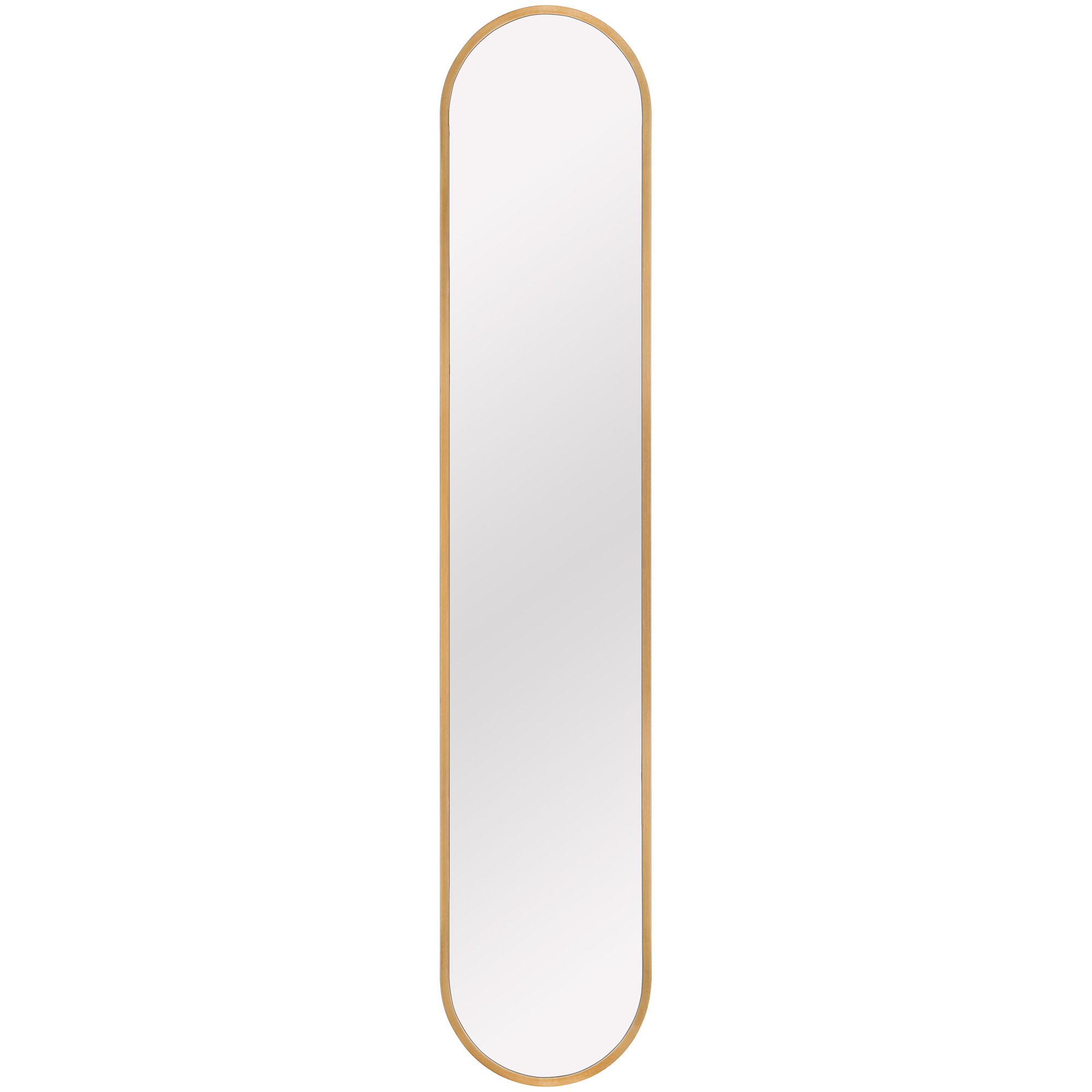 Rahmenspiegel Moni in Gold, als Nahaufnahme des gerundeten oberen Spiegel- und Rahmenbereichs; erkennbar ist die schmale längliche Spiegelfläche mit abgerundetem oberen Abschluss; Maße ca. 20 x 101 x 2,5 cm.