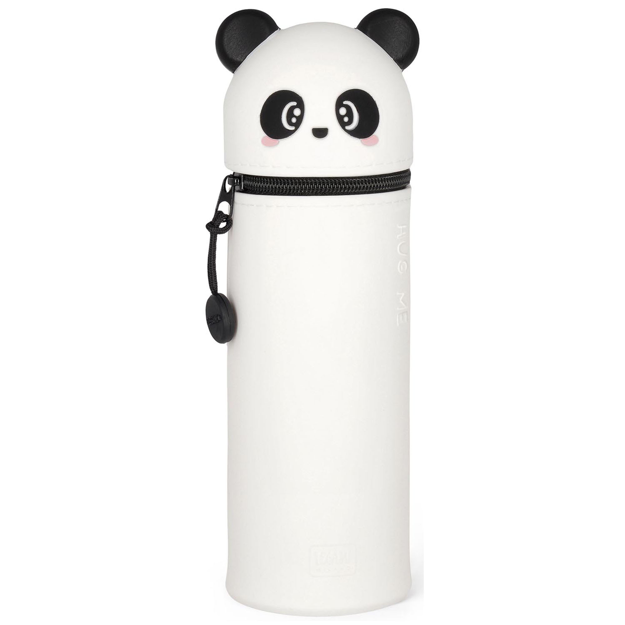 Weißes 2-in-1-Silikon-Federmäppchen im Panda-Design, geschlossen und aufrecht als Tierfigur dargestellt.