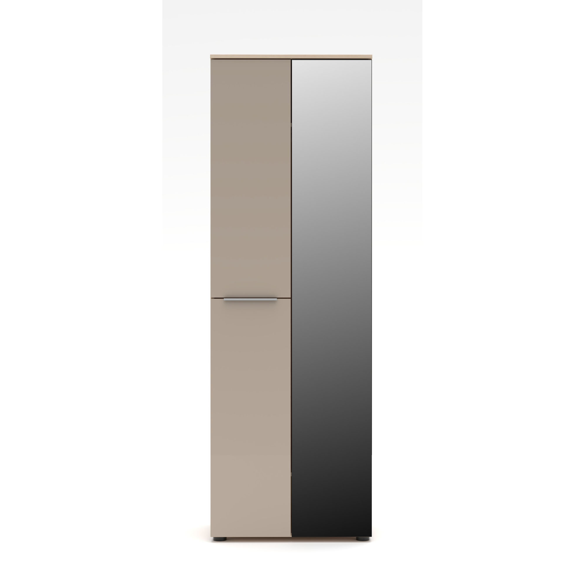 Hoher Garderobenschrank frontal aufgenommen. Links eine beige Tür mit Griff, rechts eine große Spiegelfront. Der Korpus ist in hellem Holzton gehalten.