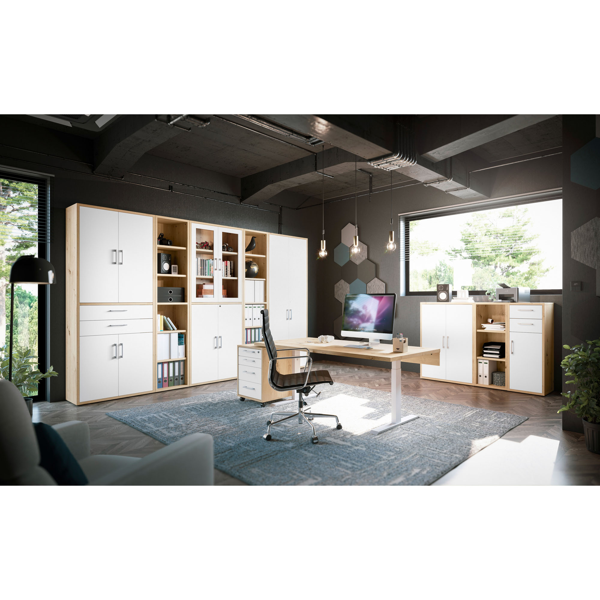 Weißes Glastüren-Set in moderner Büroeinrichtung mit hellen Holzelementen, Schränken und Arbeitsplatz, elegante und funktionale Raumgestaltung