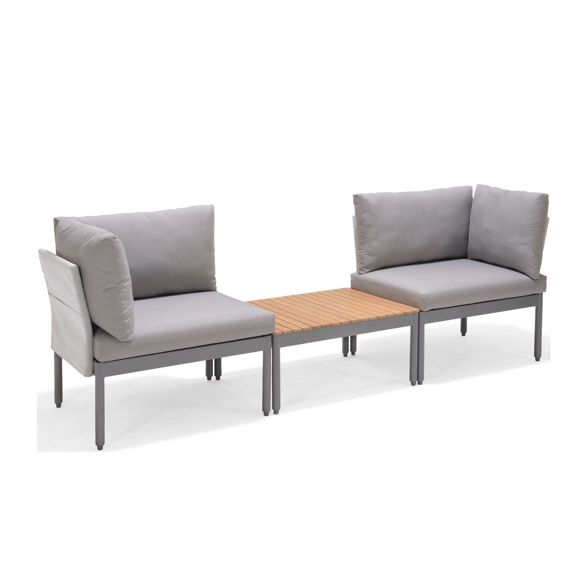 Gartenlounge aus Aluminium mit hellgrauen Polstern, bestehend aus mehreren kombinierbaren Modulen mit Teak-Ablage.