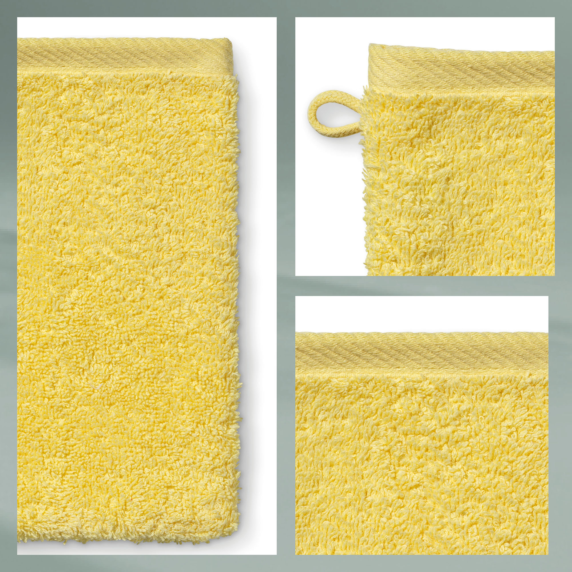 Collage mit Detailansichten von gelbem Waschhandschuh Aufhängeschlaufe Saum und Frottee Struktur