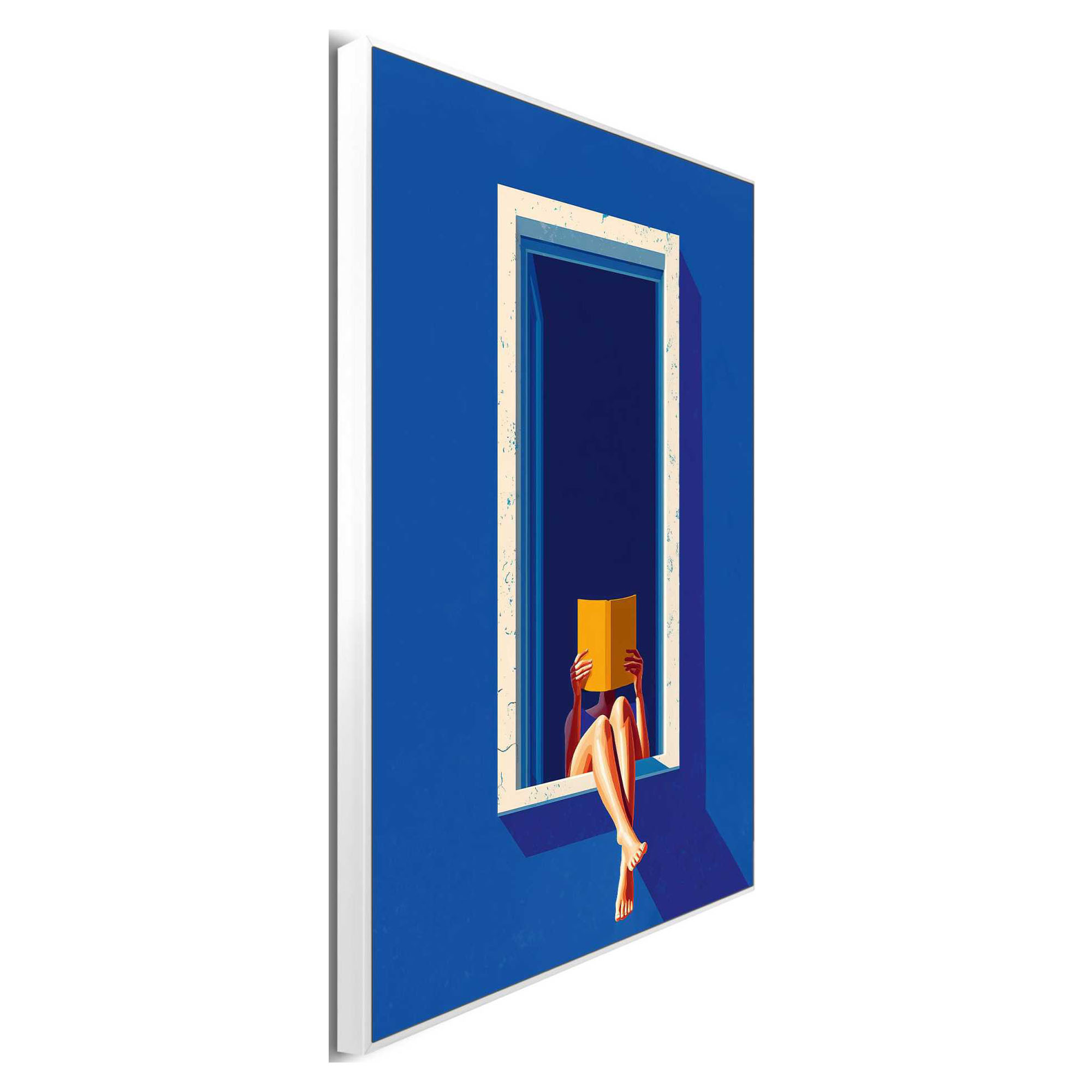 Seitliche Schrägansicht des Wandbilds „Window Reading“, 30 × 40 cm; Profil, Kante und Tiefe des Bildes sind erkennbar.
