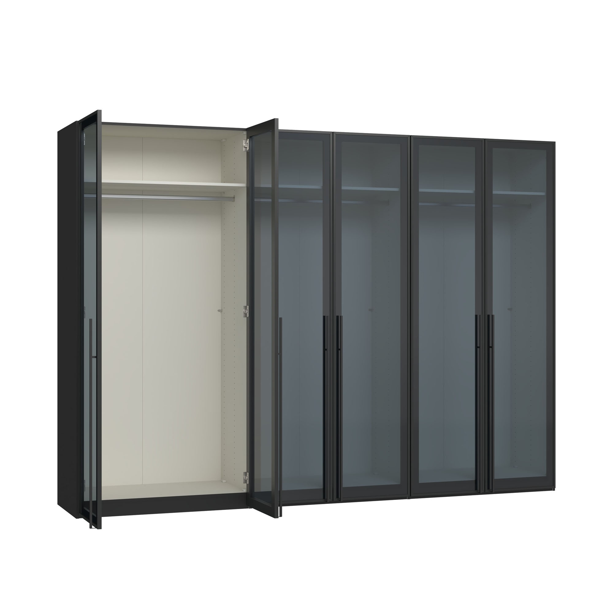 Drehtürenschrank mit geöffneter linker Glastür und Innenansicht mit Kleiderstange