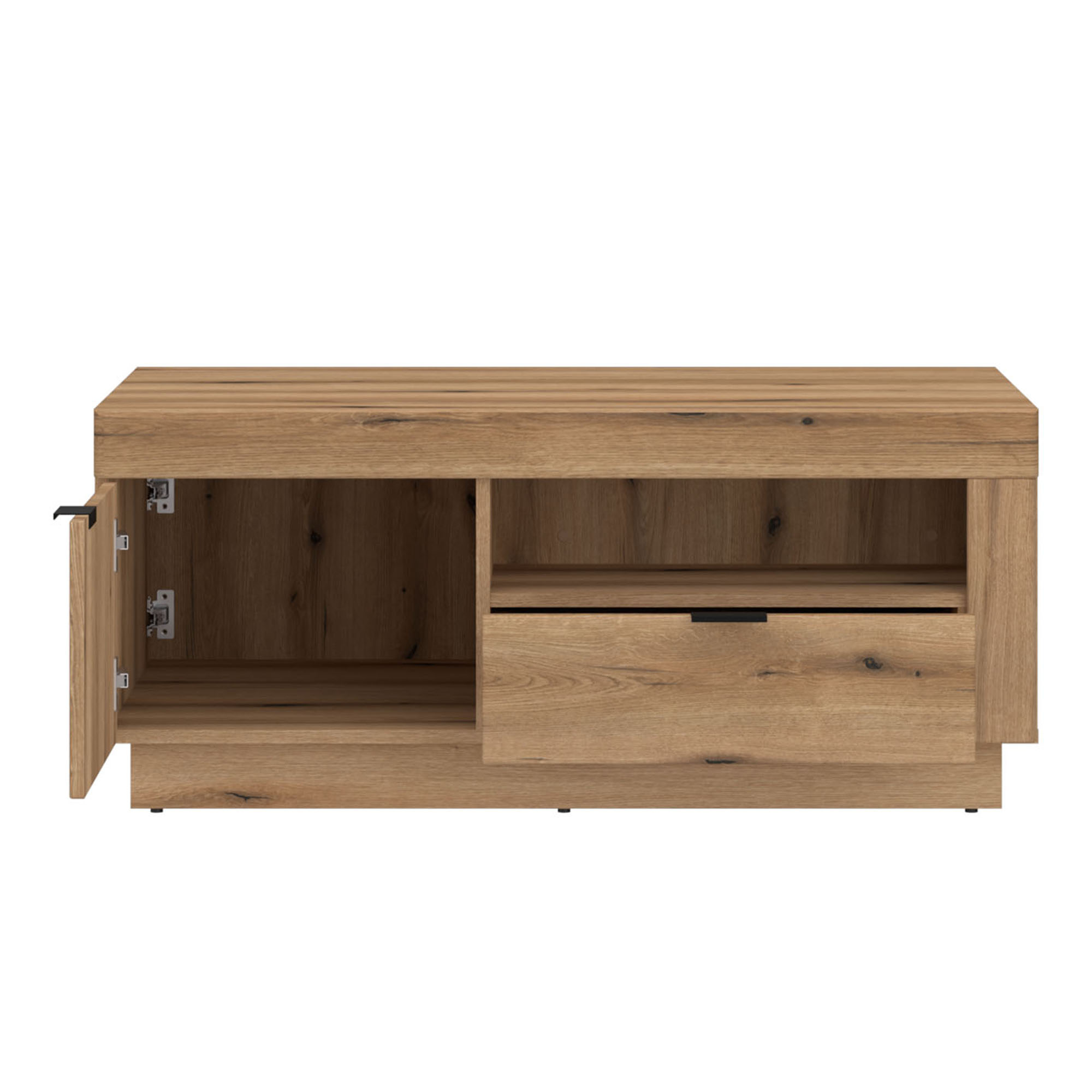Geöffneter Delamar Couchtisch in Eiche Artisan mit Tür, Schublade und praktischem Stauraum für Wohnaccessoires und Alltagsgegenstände